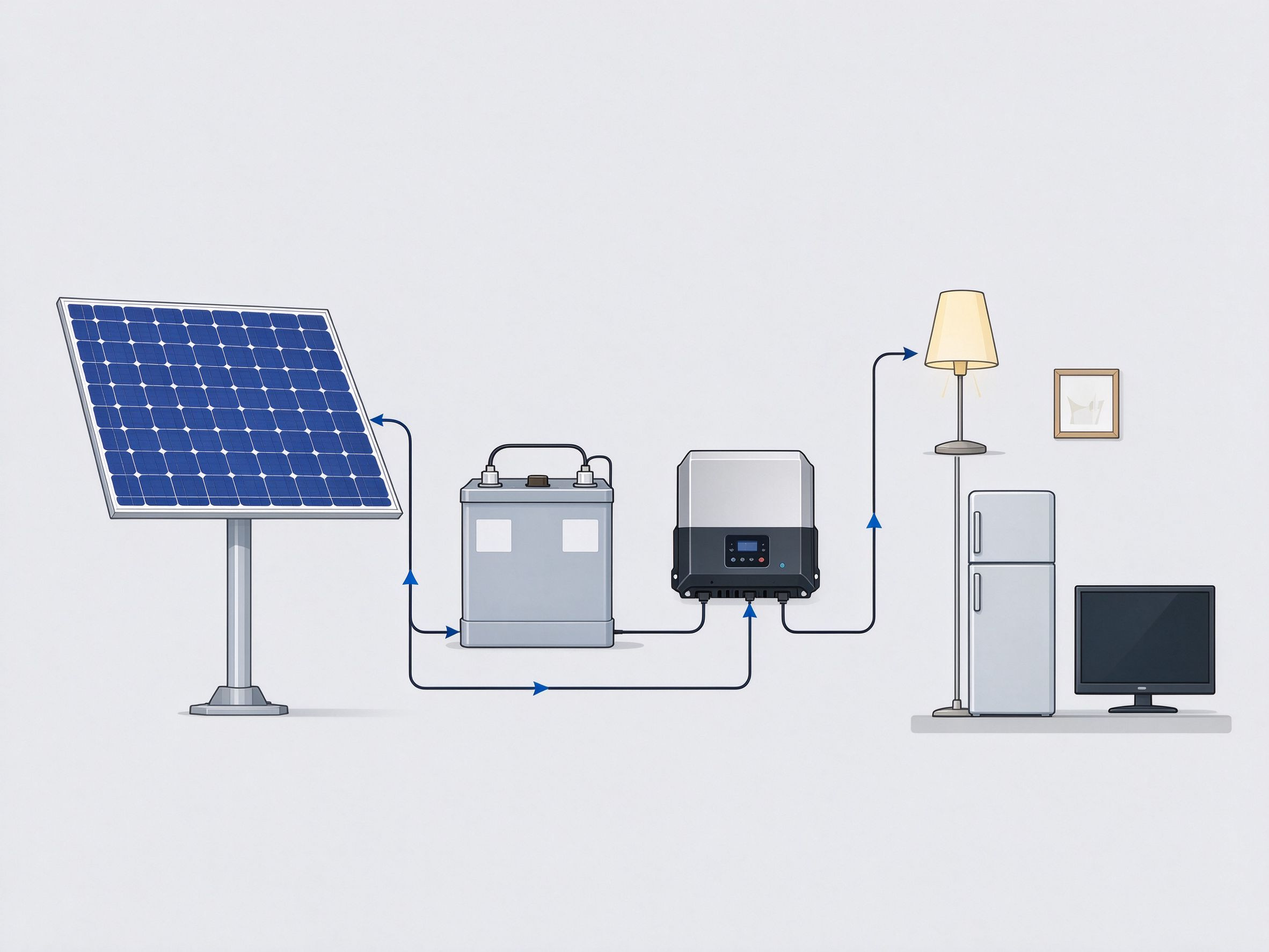 Diagram showing solar panel connected to battery and inverter powering home appliances