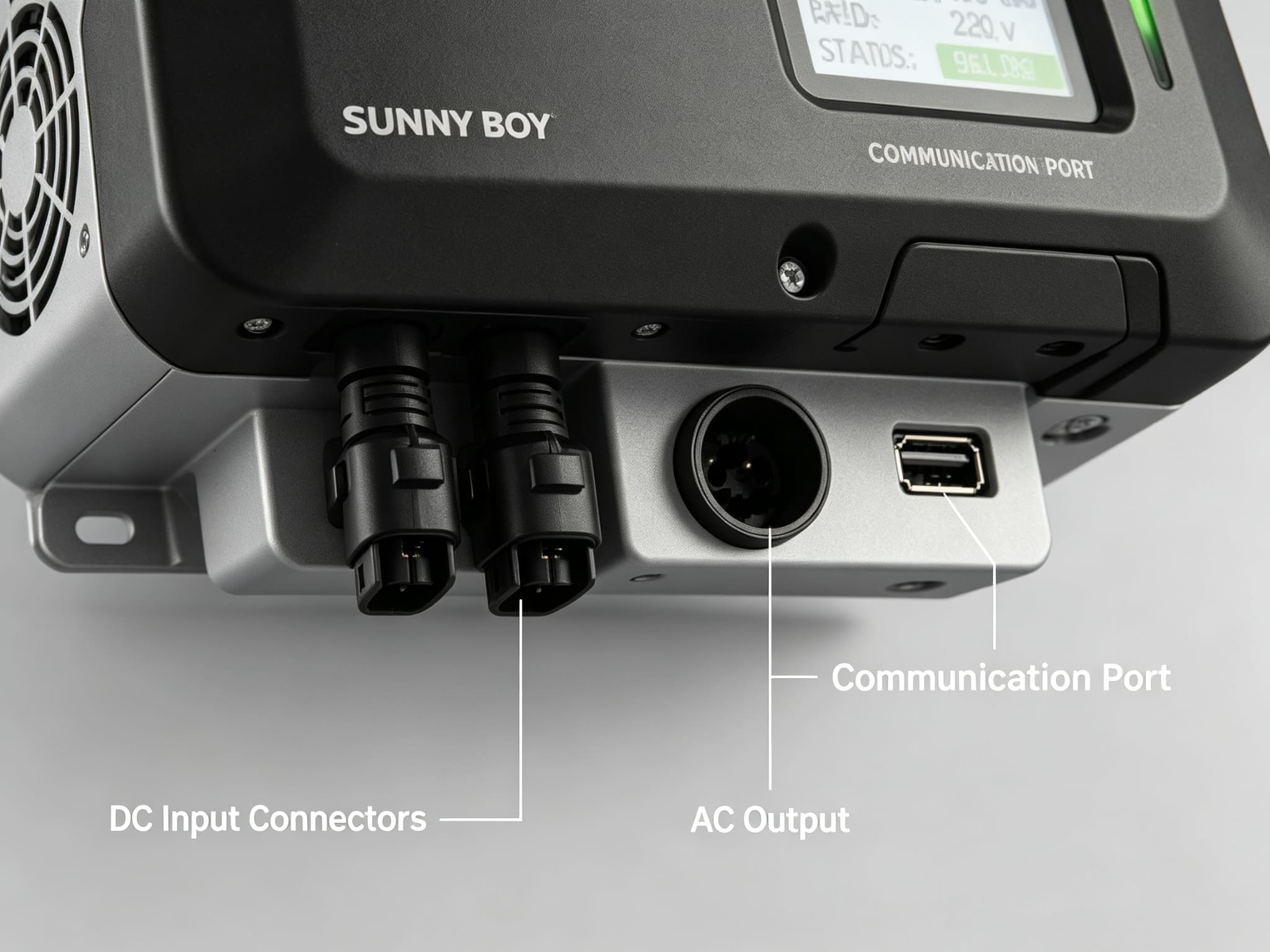  Close-up of inverter bottom showing MC4 DC connectors, AC output, and communication port