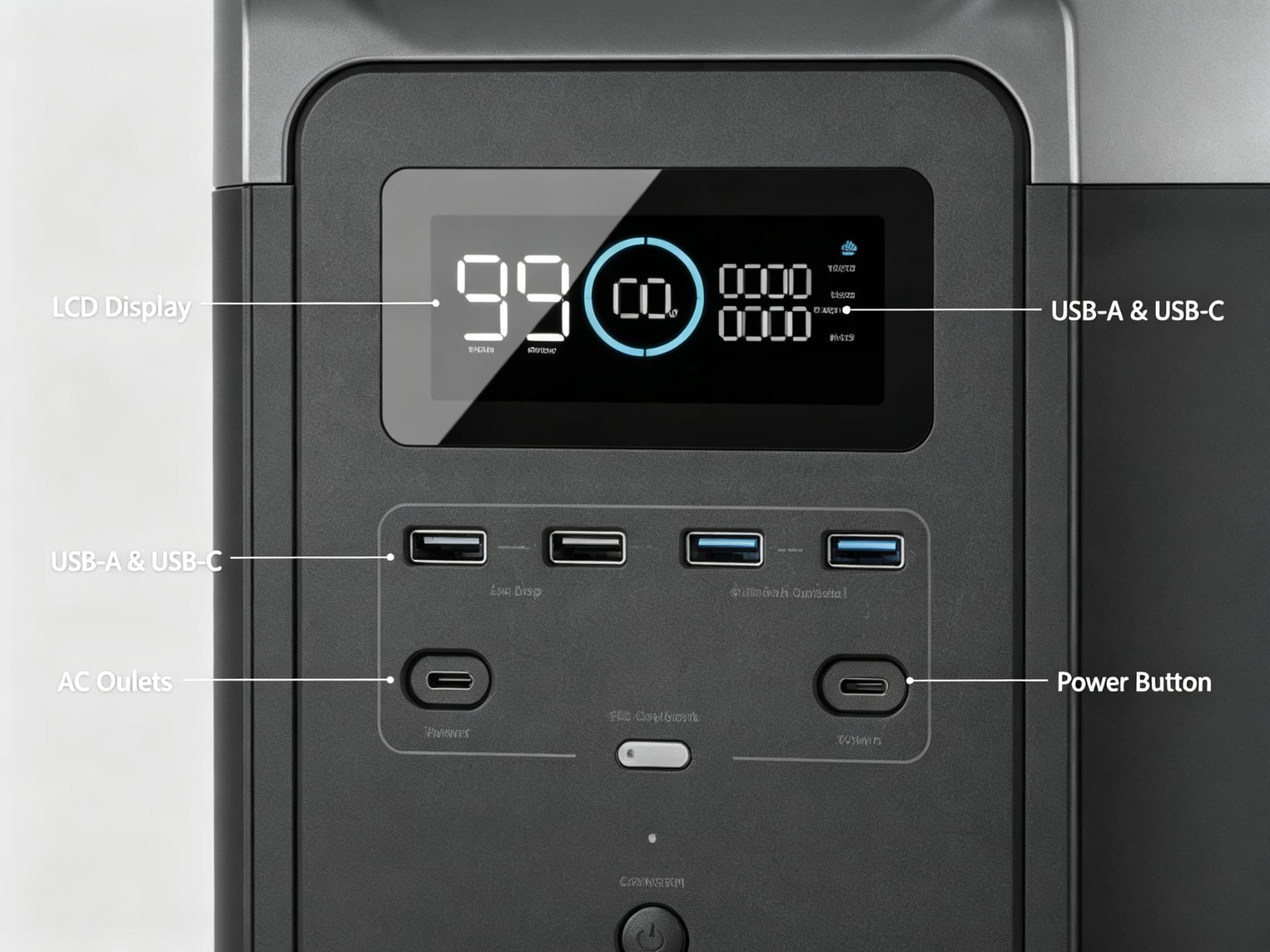  Close-up of power station front panel showing LCD, USB ports, AC outlets, and power button