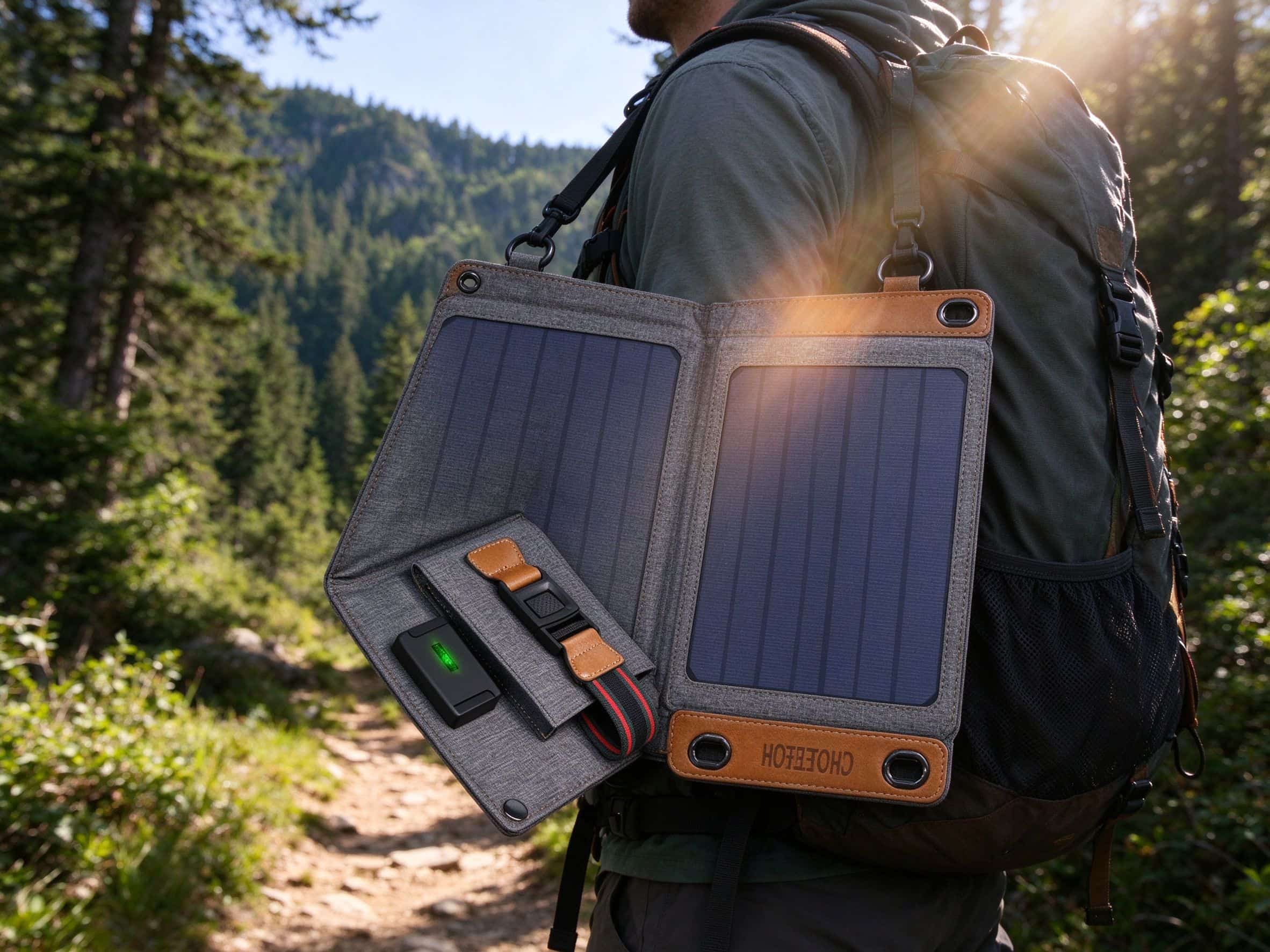 Foldable solar charger attached to hiking backpack on mountain trail