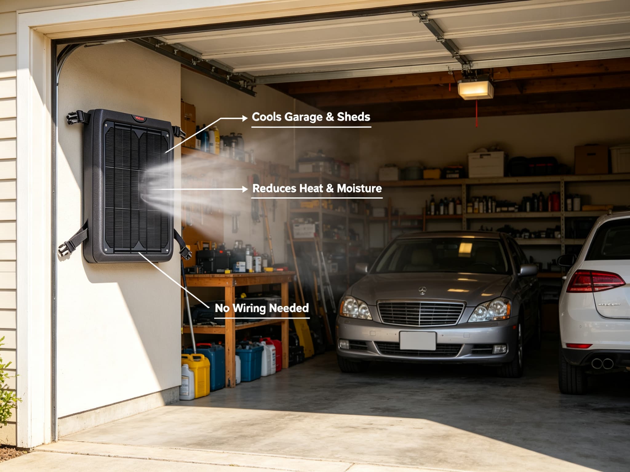 Solar Breeze fan mounted on garage wall venting hot air with cars and tools inside