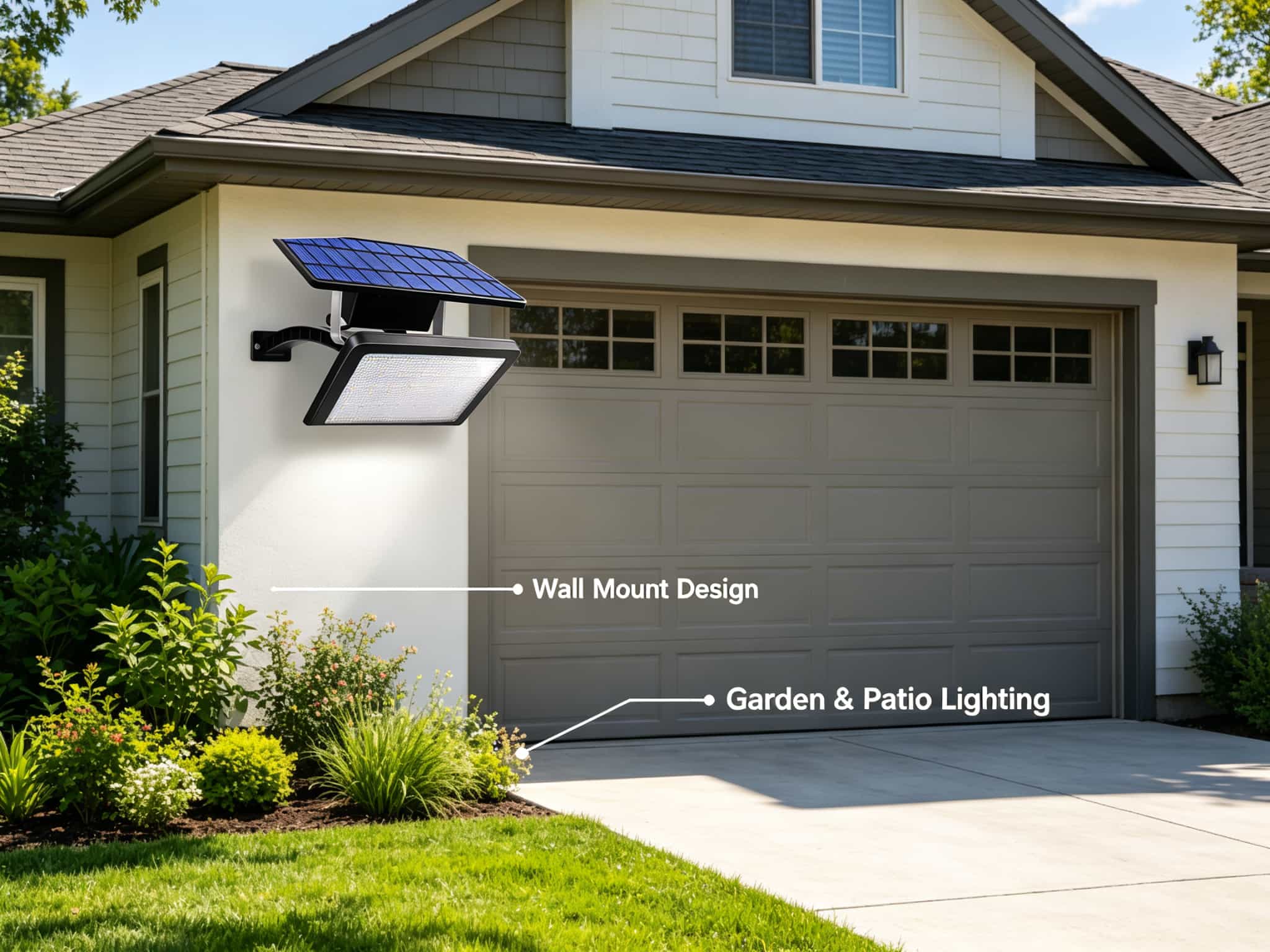 Solar LED wall light mounted on modern house exterior wall beside garage door