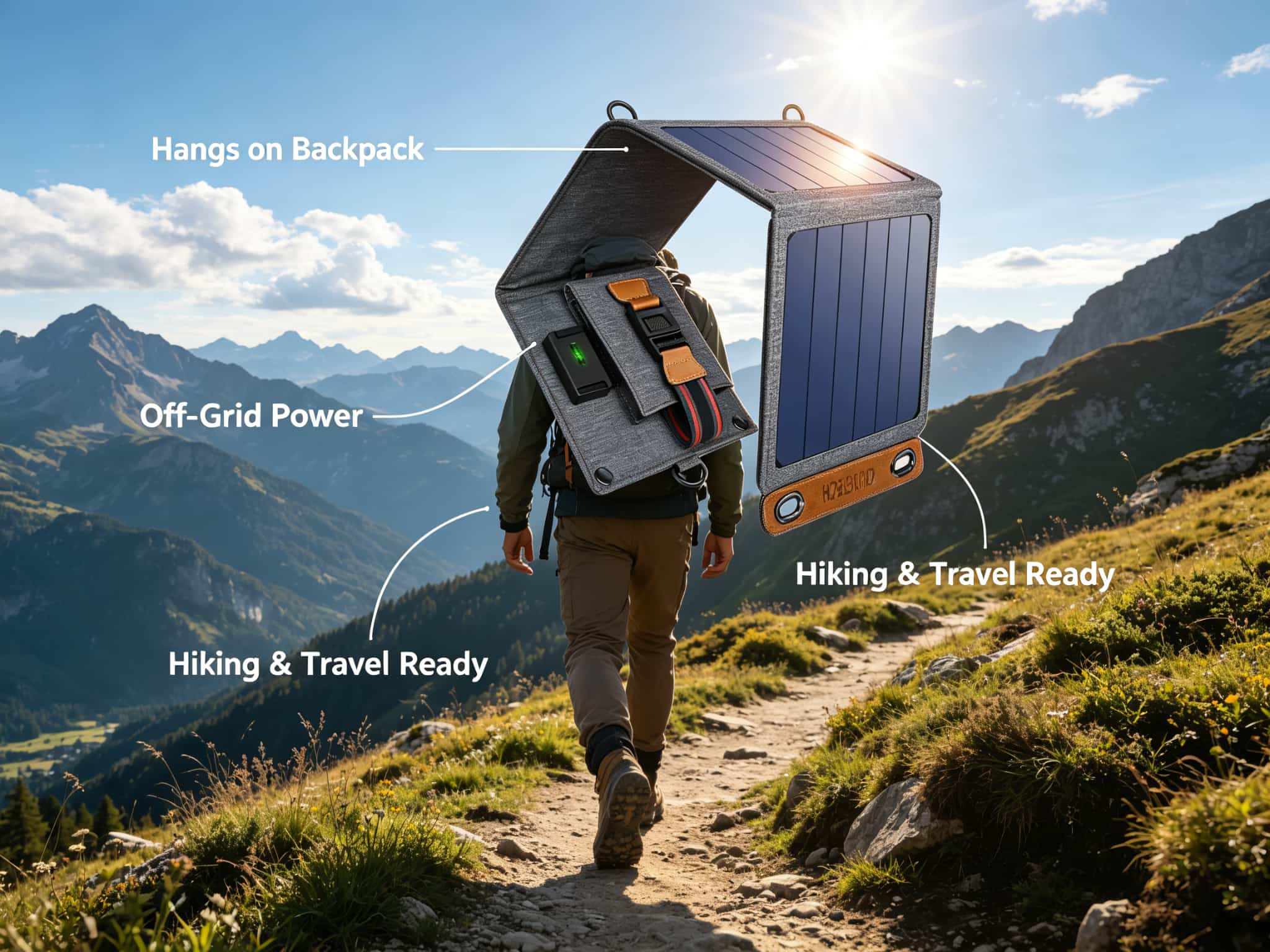 Solar charger hanging on backpack shoulder strap during mountain hike under blue sky