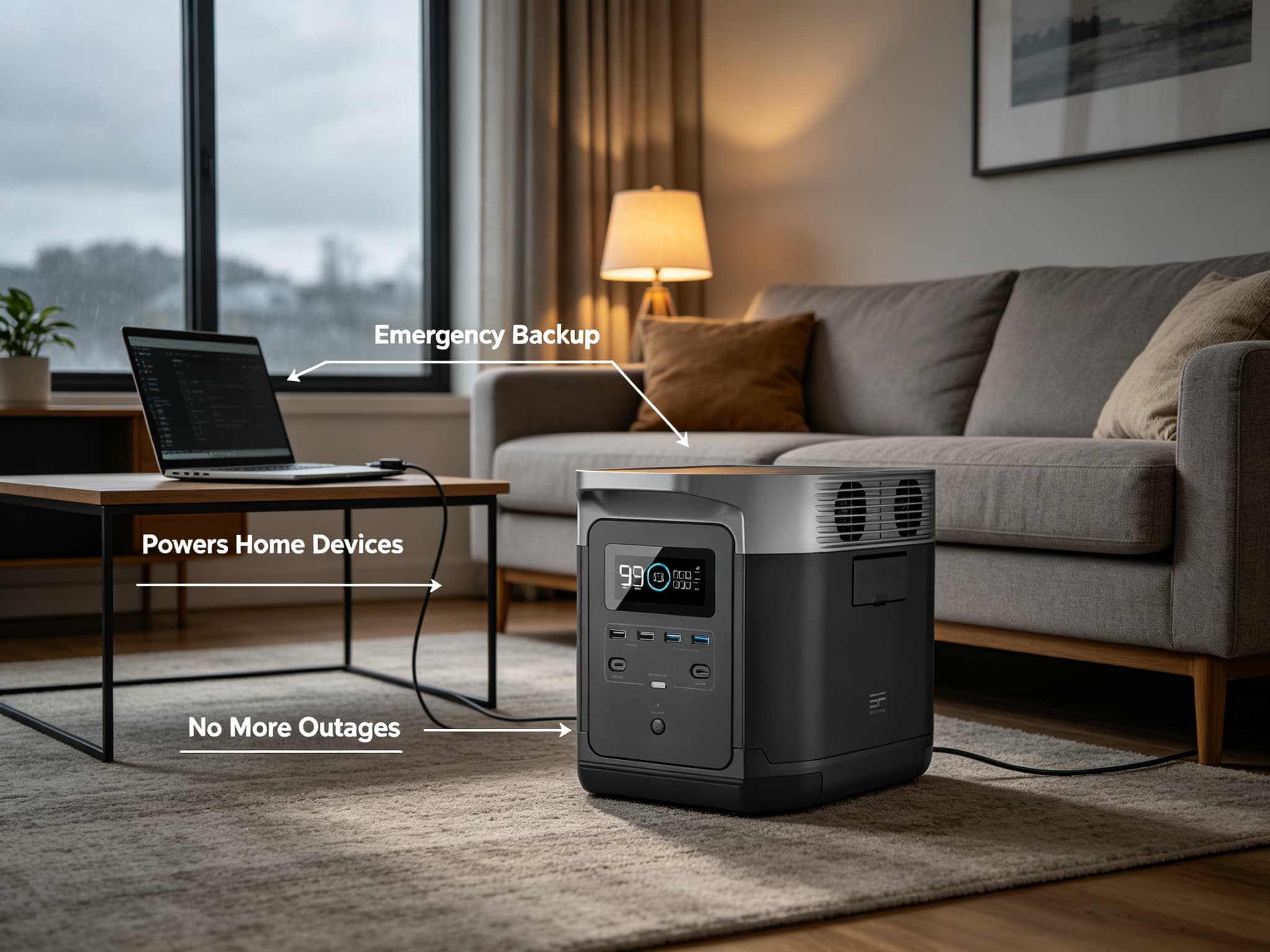 Portable power station living room powering laptop and lamp during outage with cloudy window