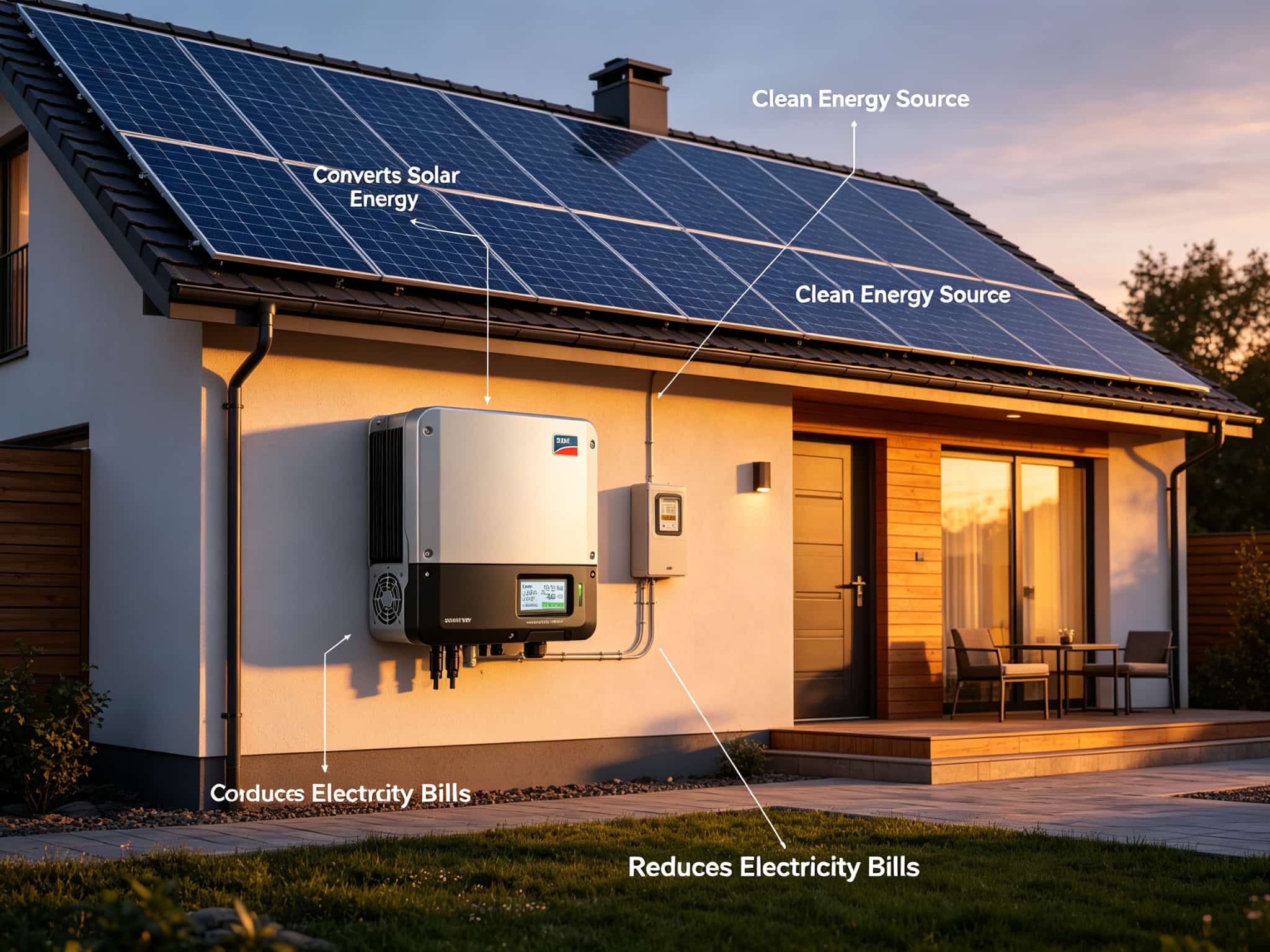 Modern home with rooftop solar panels and wall-mounted inverter at sunset