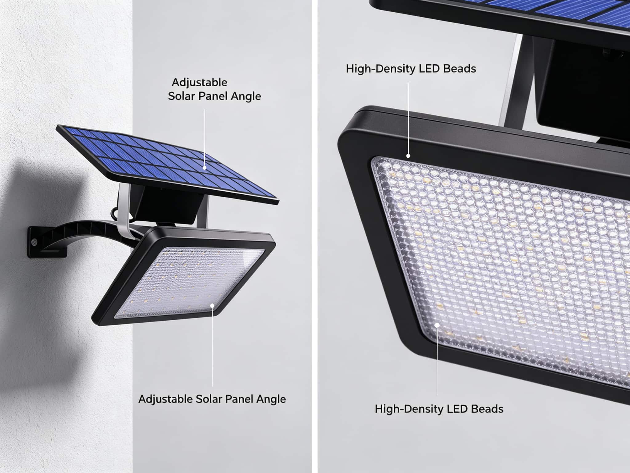 Solar light side view showing adjustable panel angle and LED bead close-up