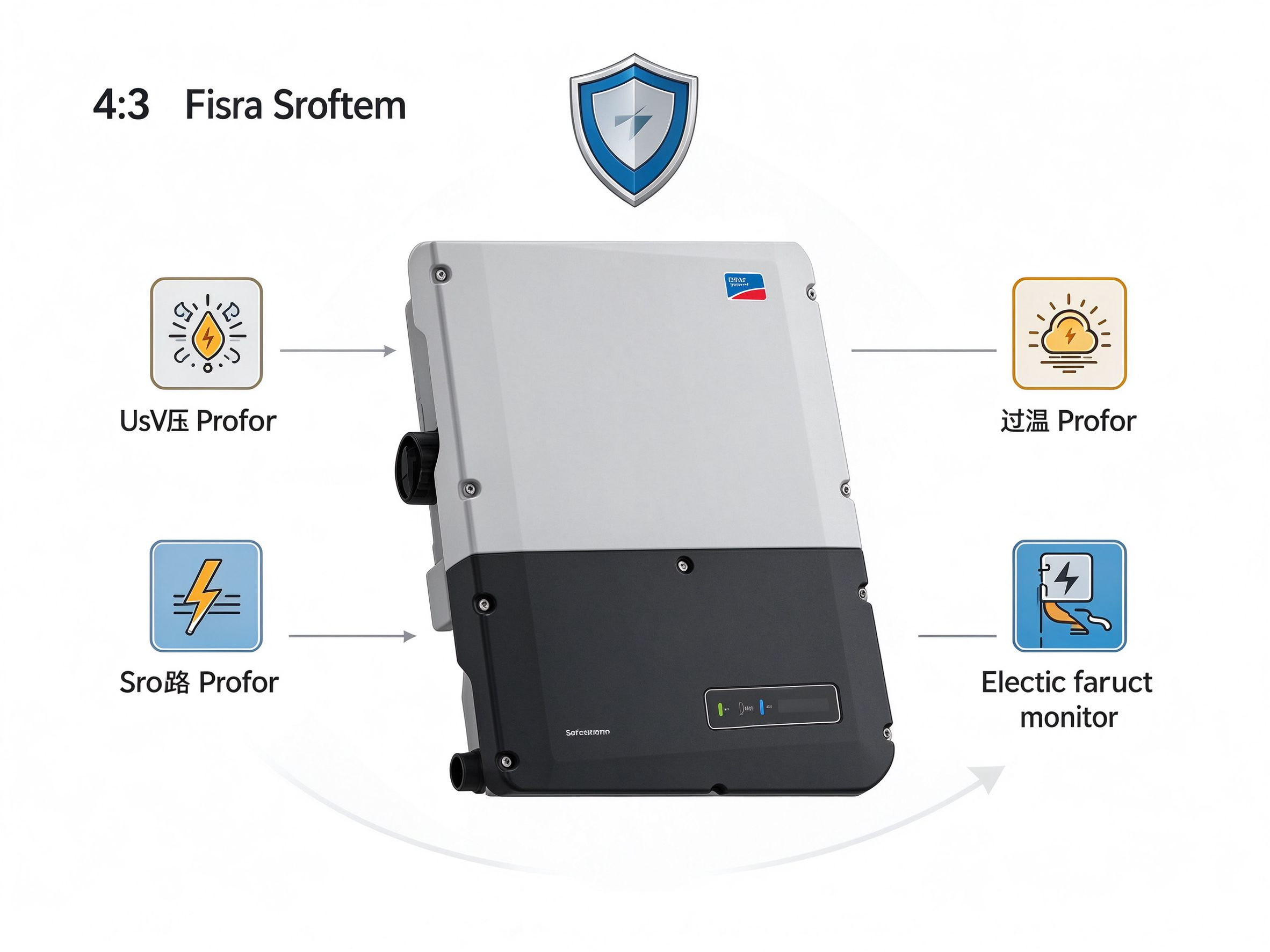Micro inverter with four protection feature icons and shield emblem