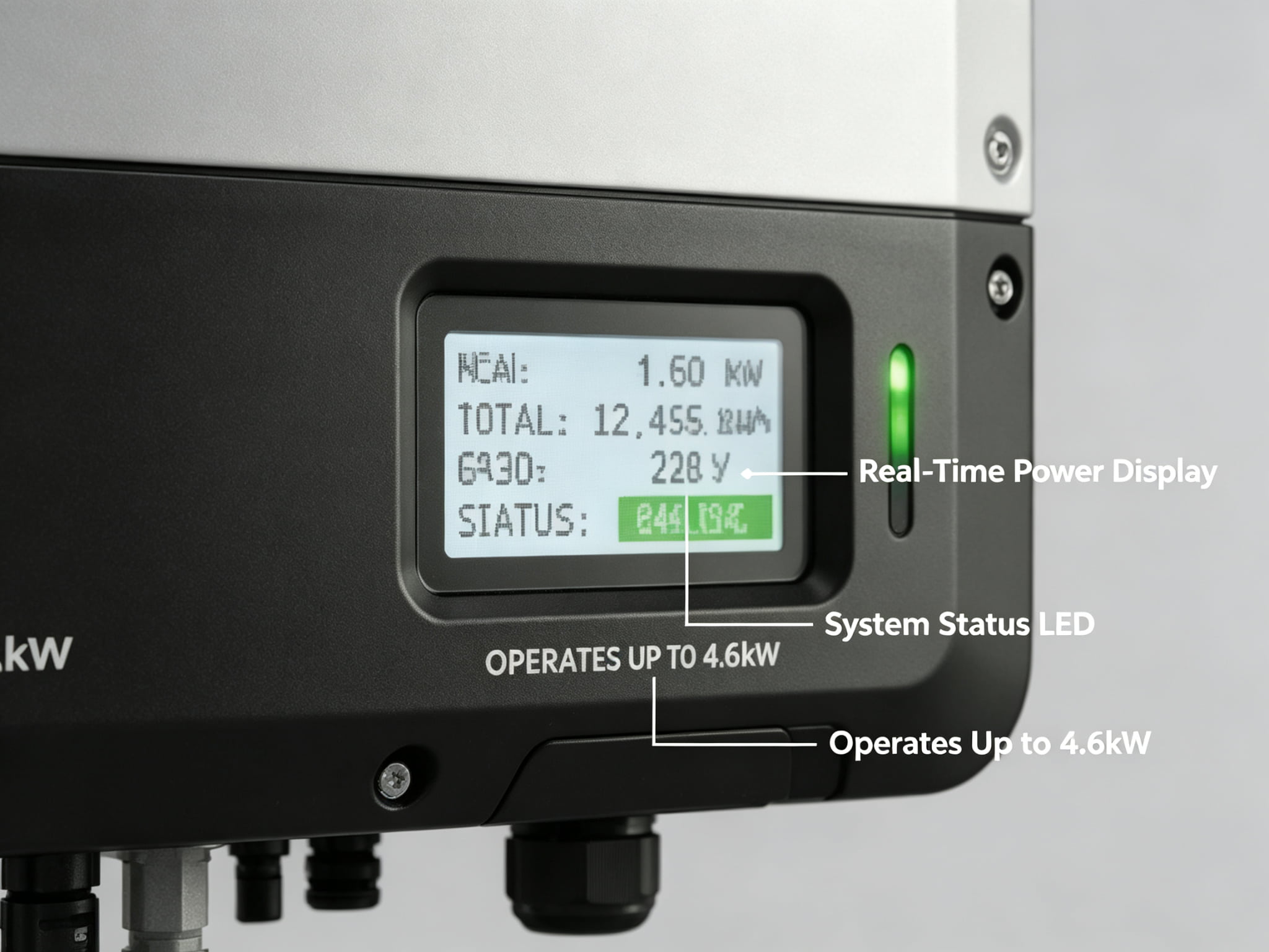  Close-up of inverter LCD screen showing power output, status, and LED indicator