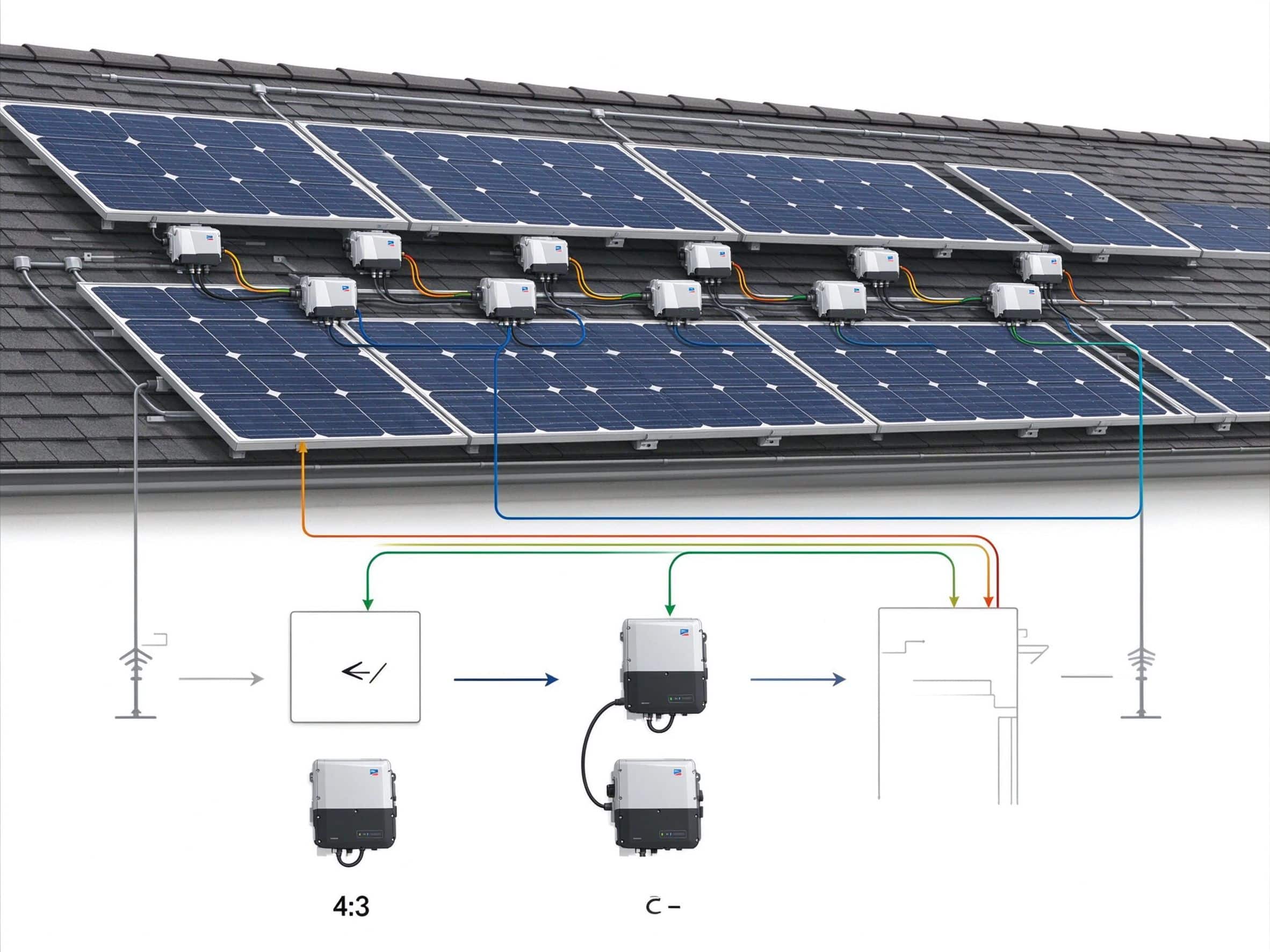 Diagram showing micro inverters installed behind each solar panel on rooftop