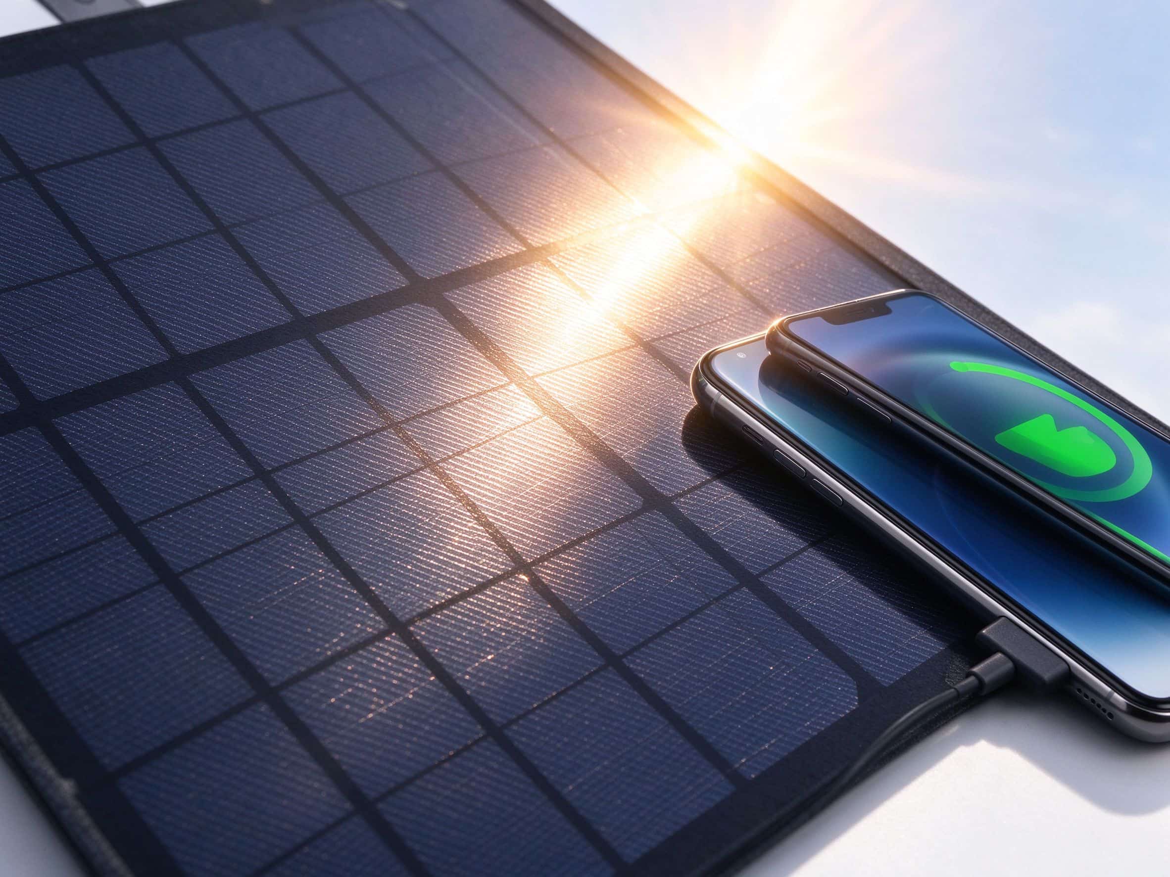 Close-up of monocrystalline solar cells with sunlight and charging phone