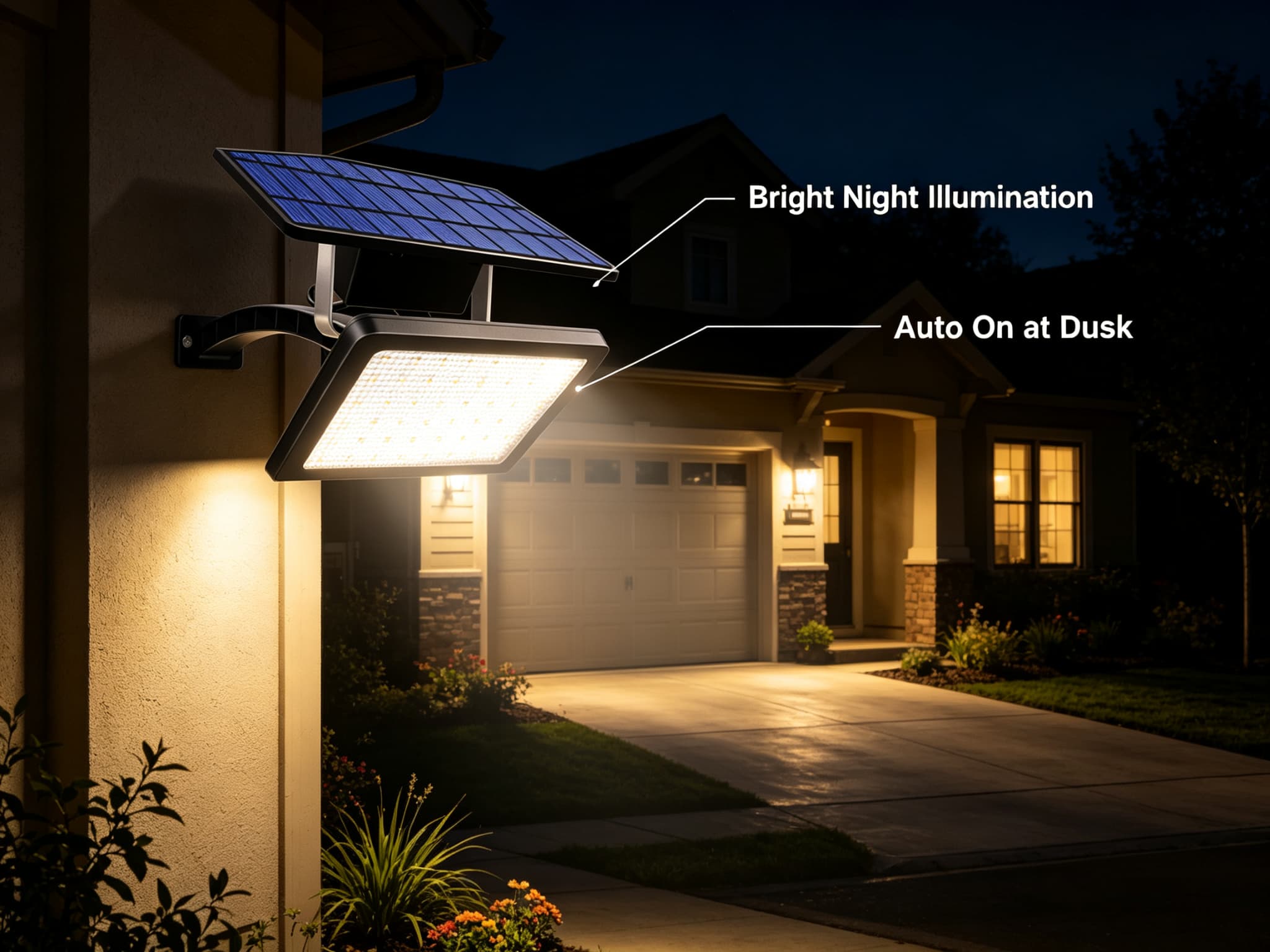 Solar LED wall light illuminating driveway at night with bright warm glow