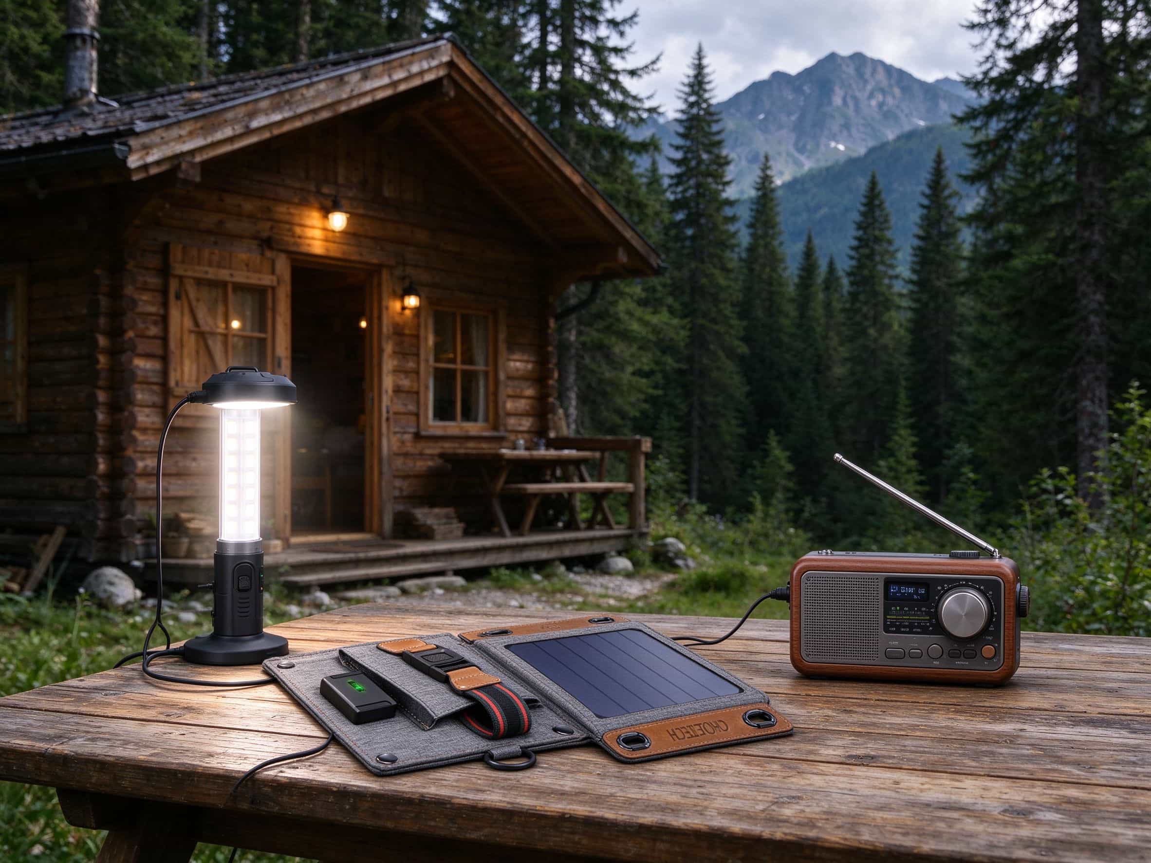 Solar charger powering LED light and radio at off-grid cabin in forest