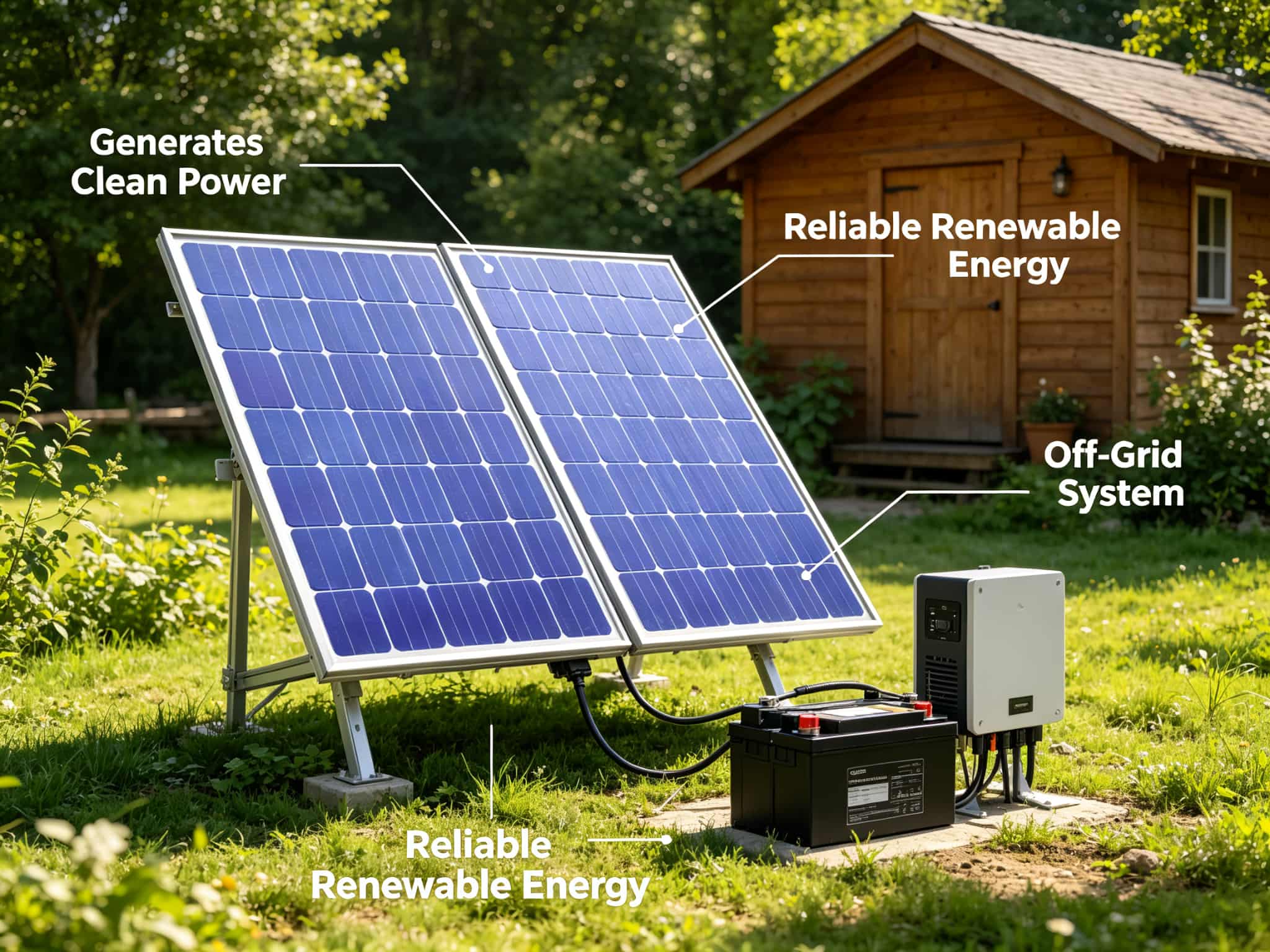  Solar panel with battery and inverter beside wooden cabin in sunny outdoor setting