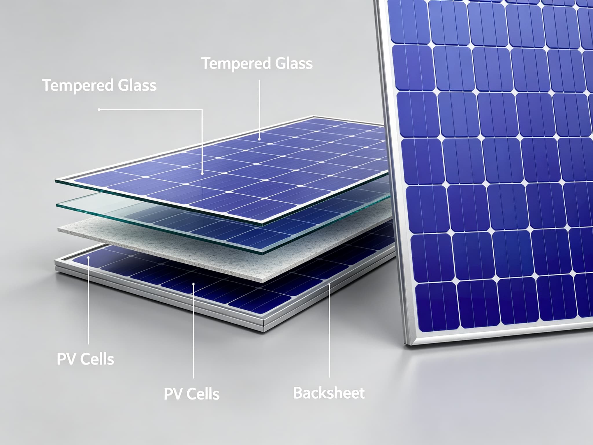 Exploded view of solar panel layers showing glass, PV cells, and backsheet