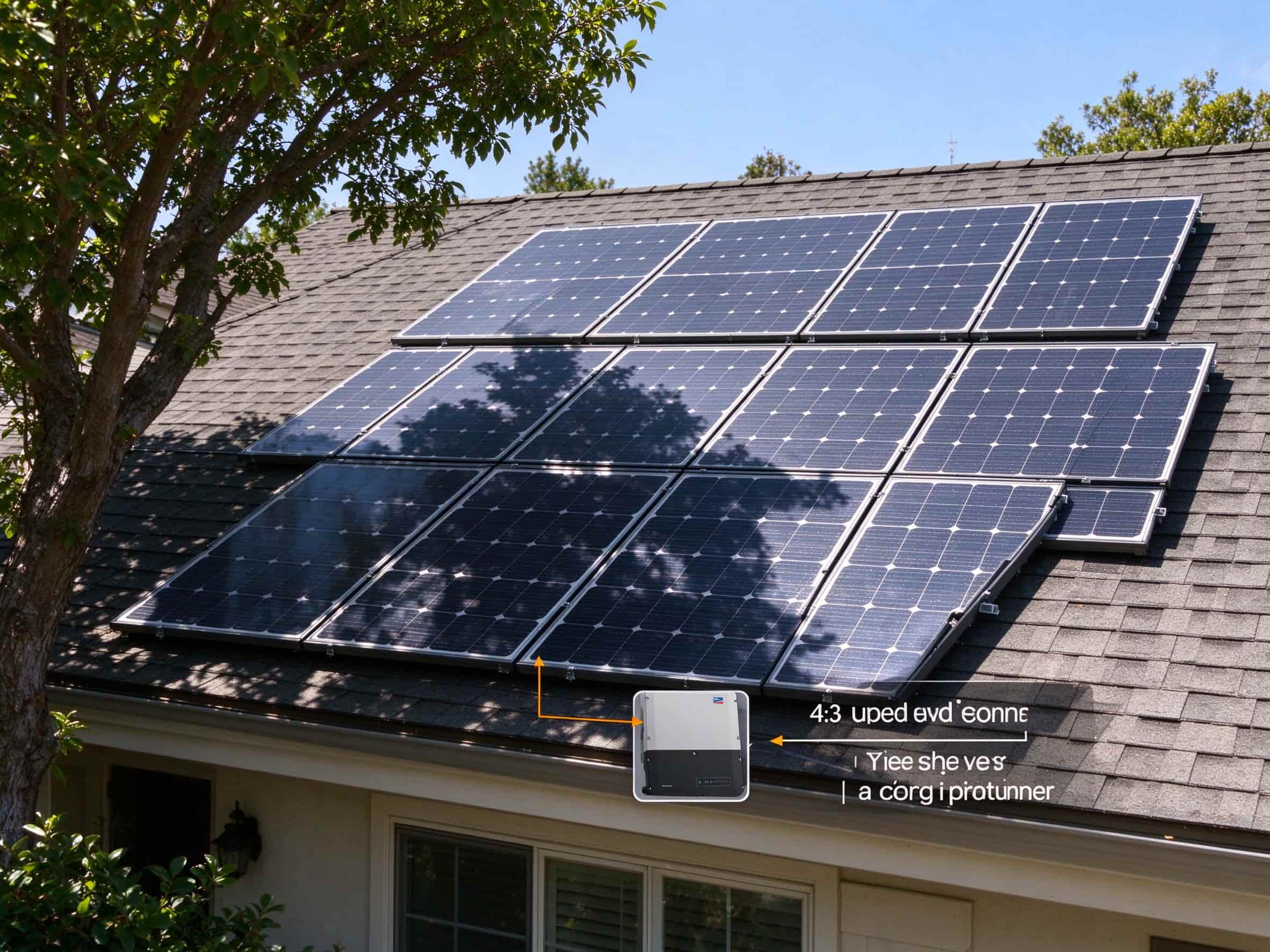 Residential rooftop with tree shadow on one panel, other panels in full sun