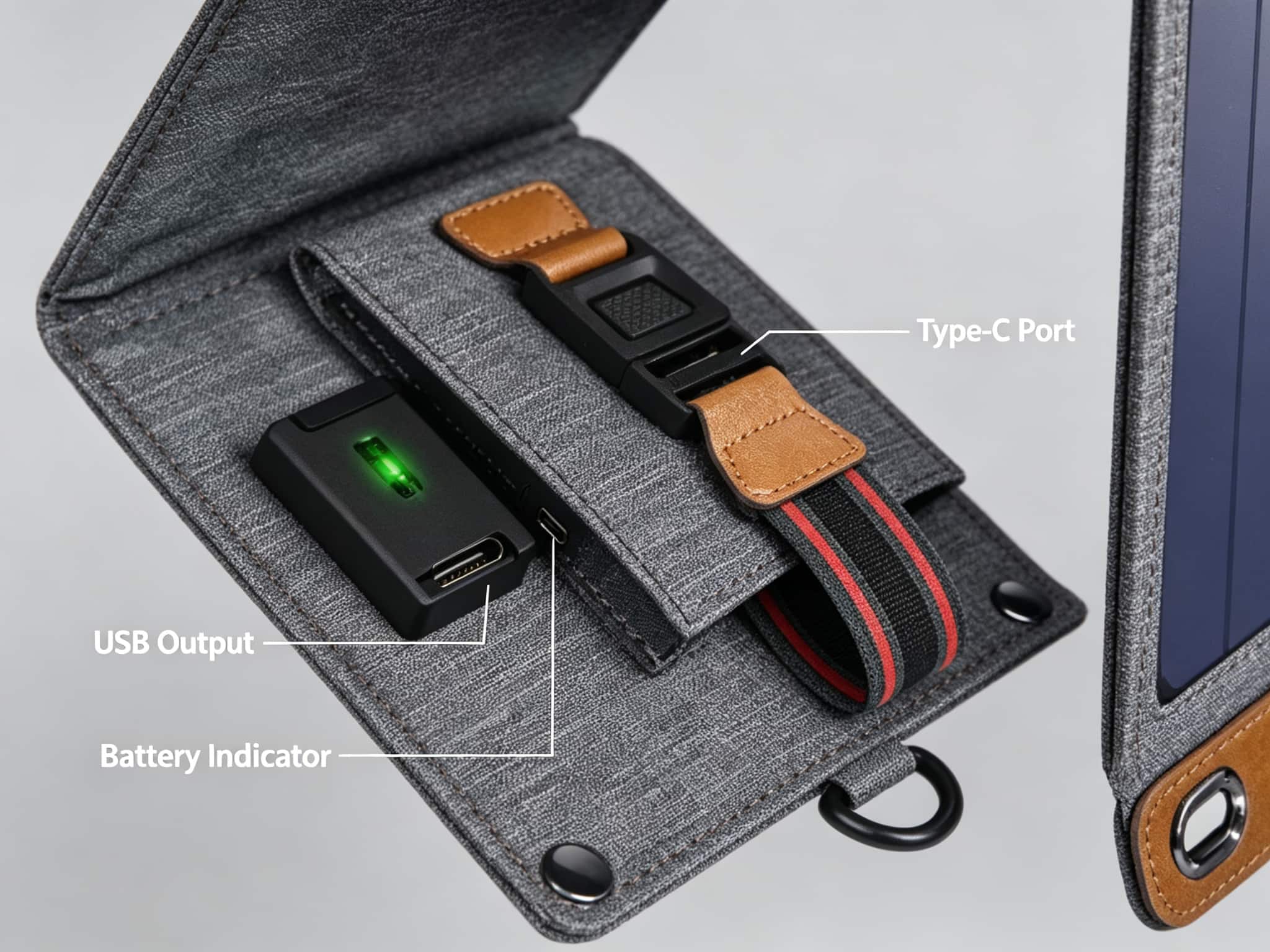 Close-up of solar charger interior showing USB output, Type-C port, and green battery indicator
