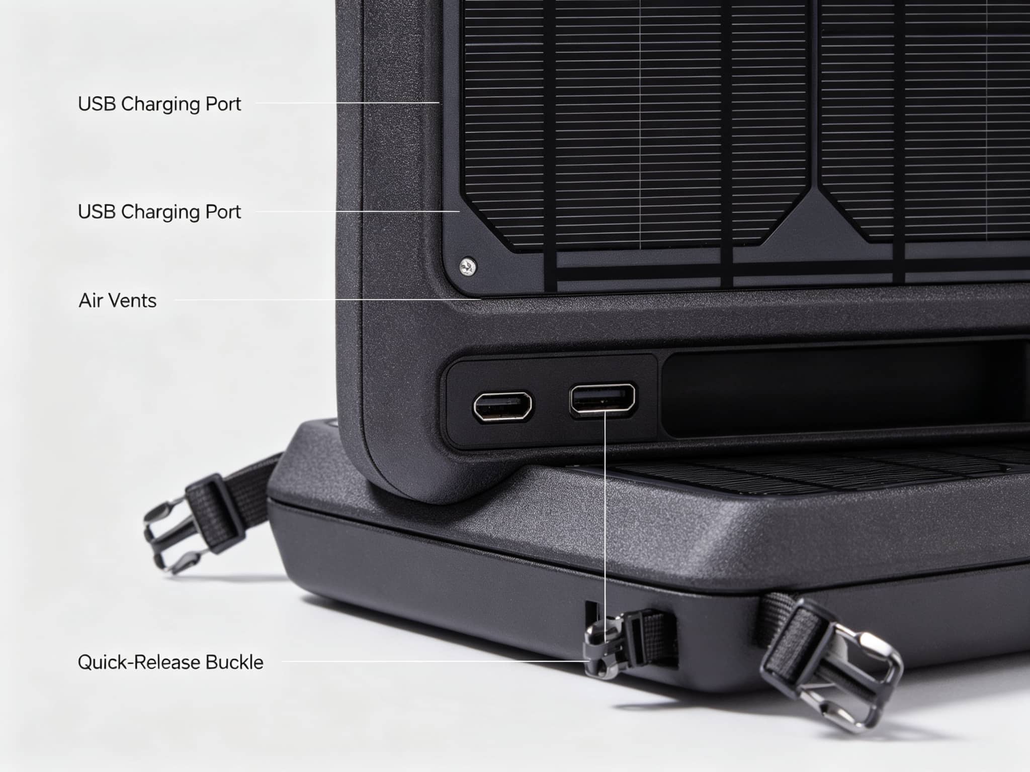 Close-up of solar fan showing USB charging port, air vents, and quick-release buckle details