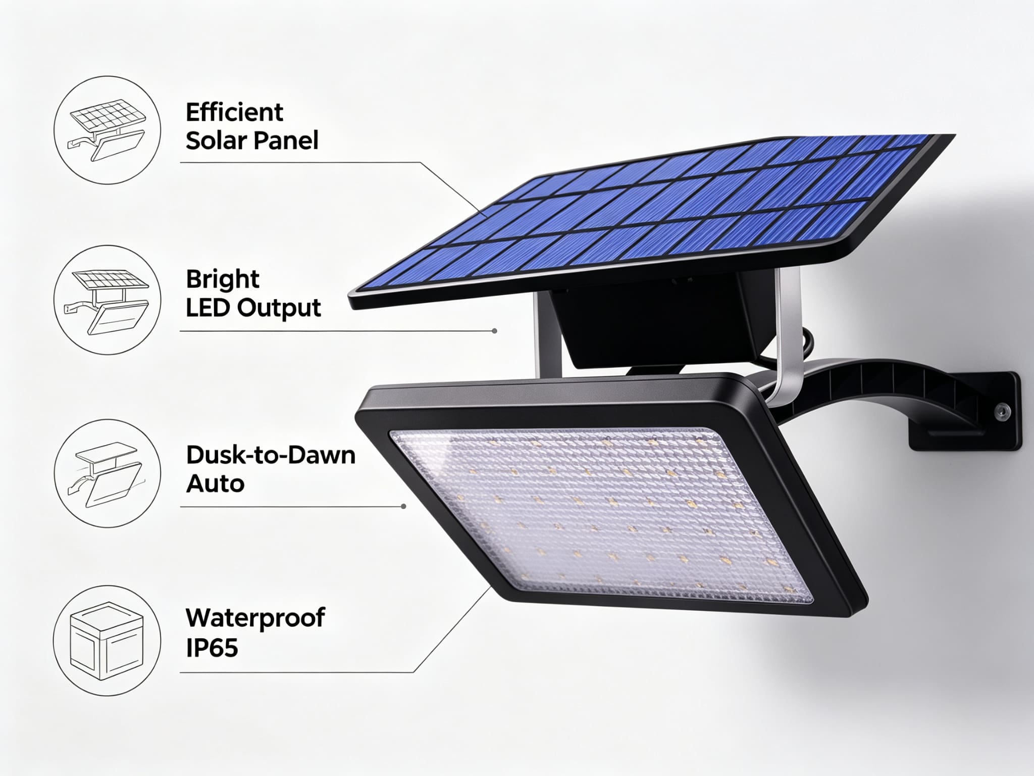  Solar LED wall light features: solar panel, bright LEDs, dusk-to-dawn, waterproof