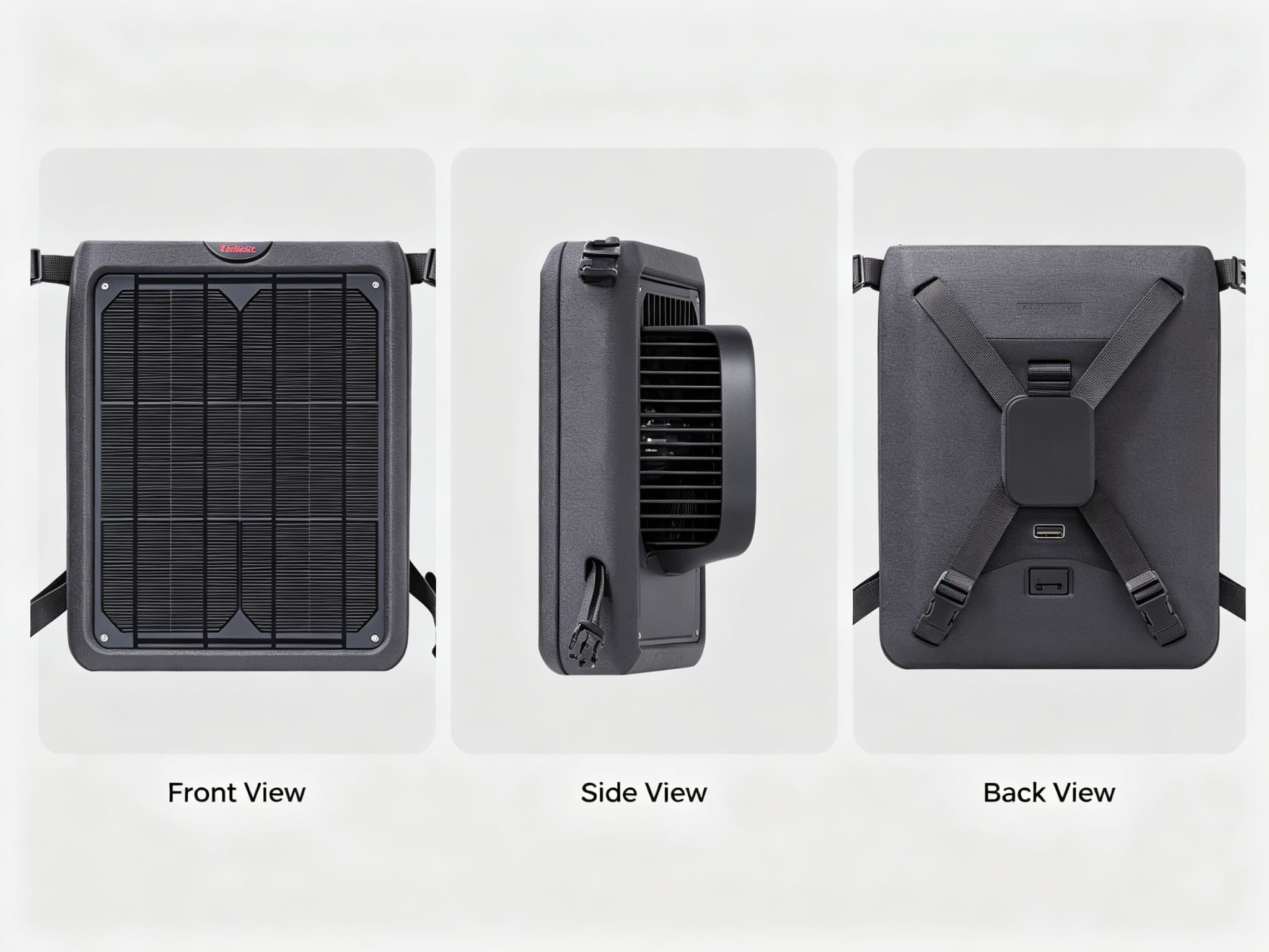 Solar Breeze fan shown from front, side, and bottom views on light gray studio background