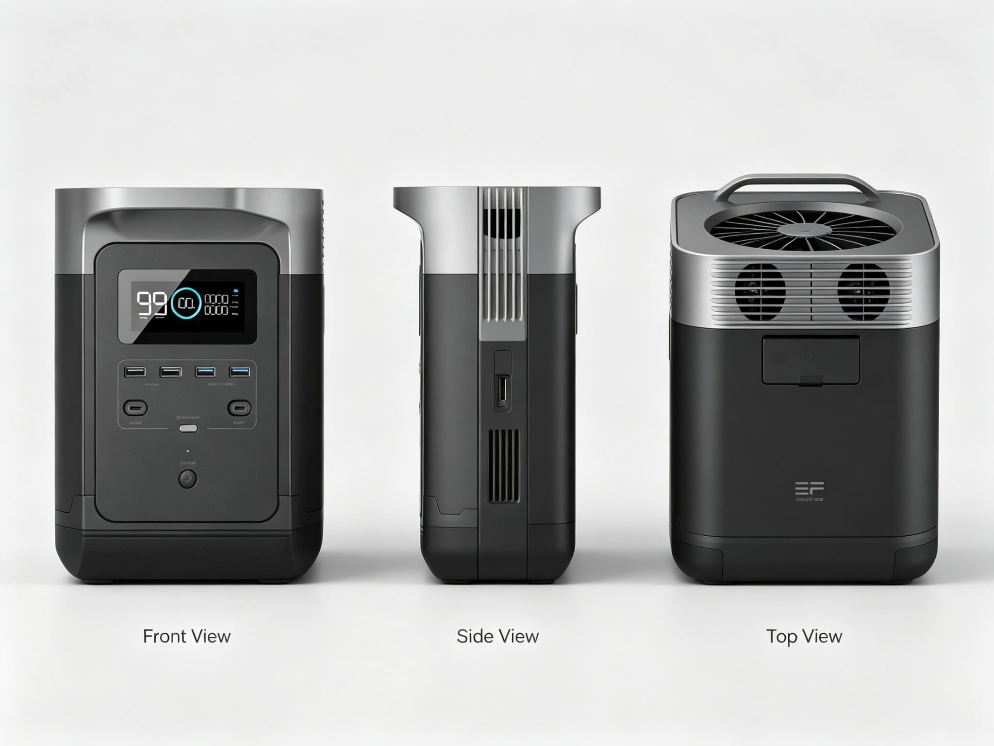 Portable power station shown from front, side, and top views on light gray background