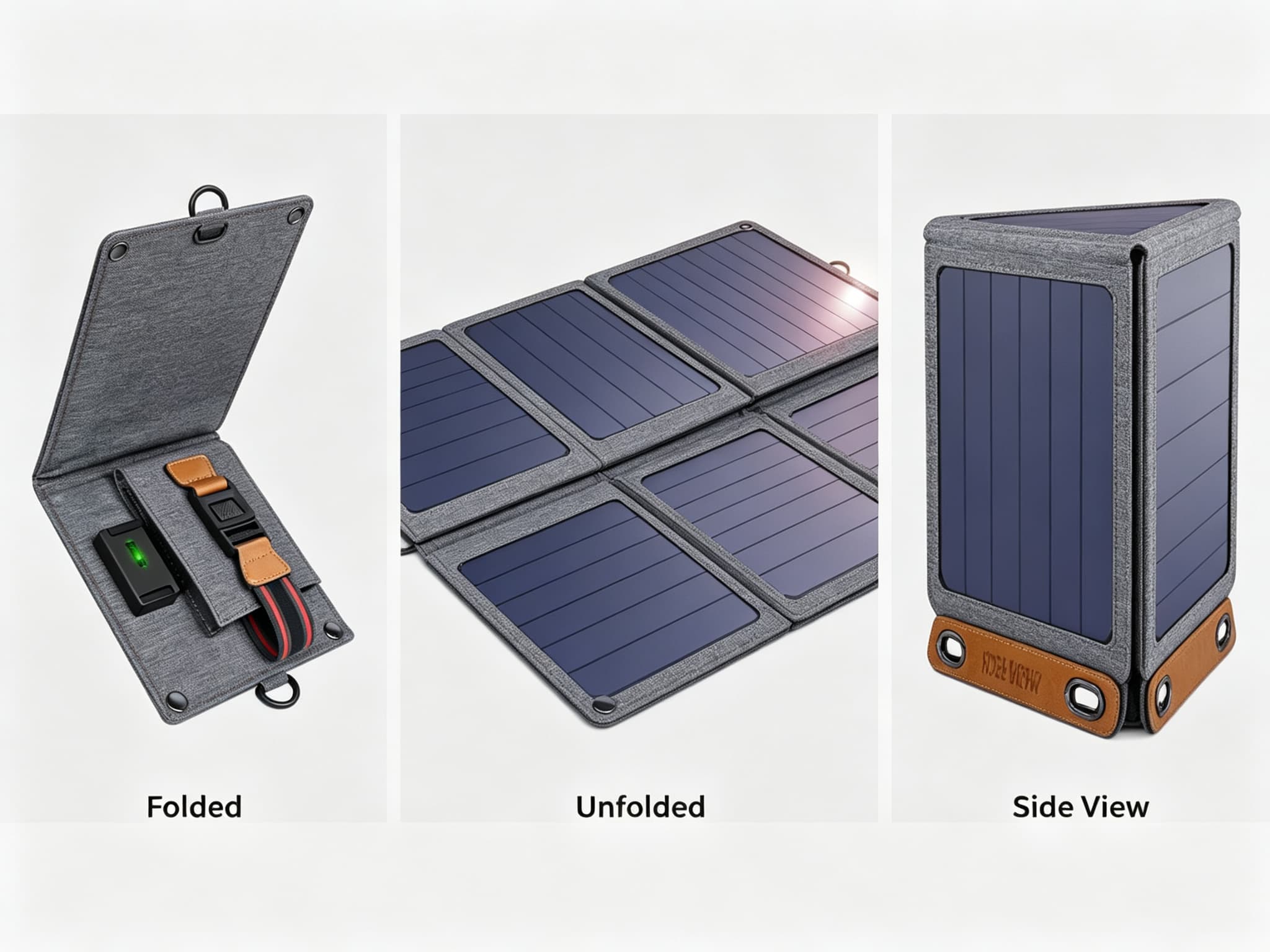 Foldable solar charger shown in folded, unfolded, and side views on light gray background