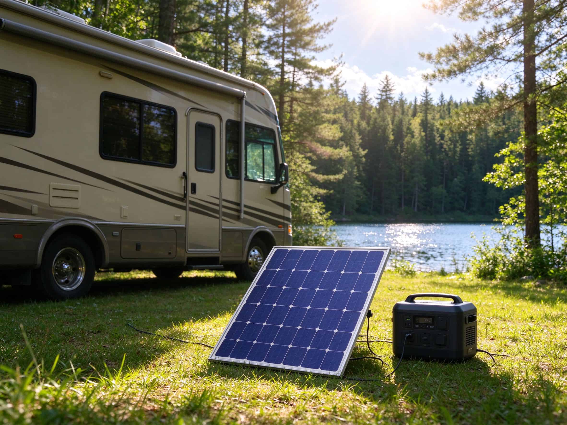 Solar board connected to portable power station at RV campsite by lake