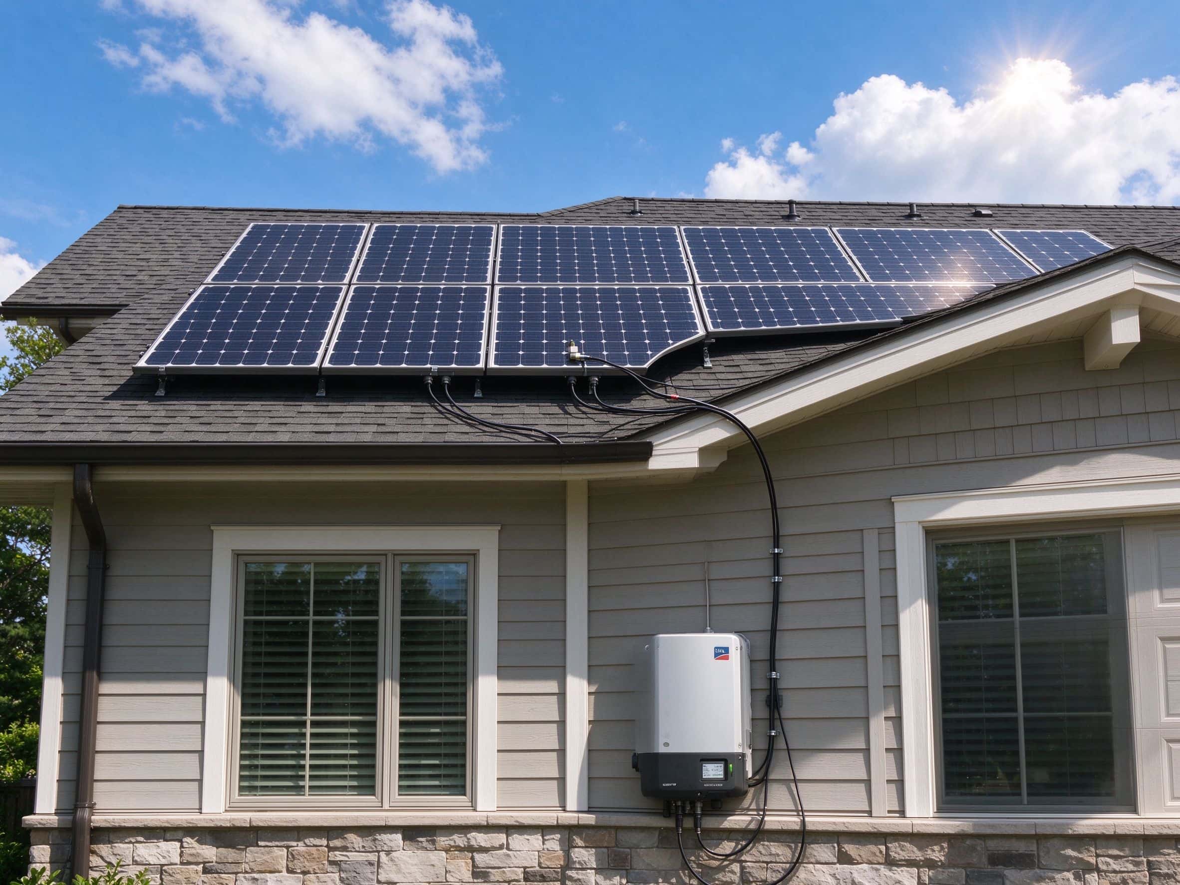 Solar inverter mounted on house wall connected to rooftop solar panel array