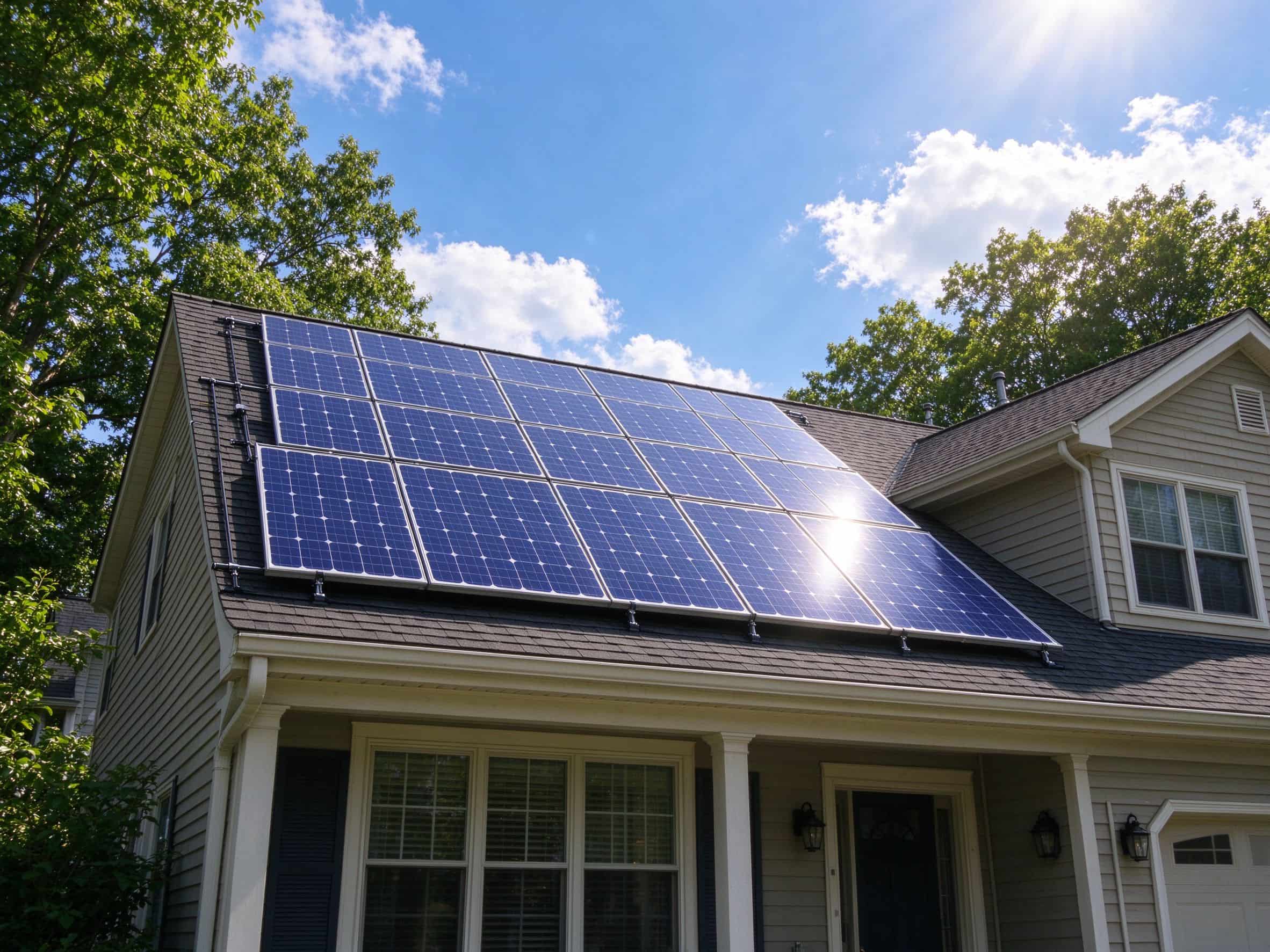 Monocrystalline solar panels installed on residential rooftop with blue sky