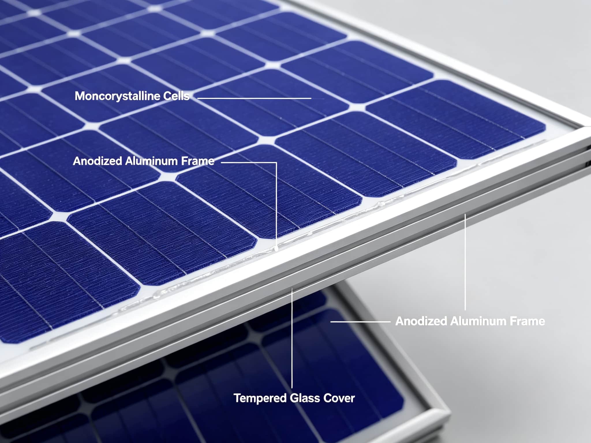 Close-up of monocrystalline solar cells and anodized aluminum frame detail