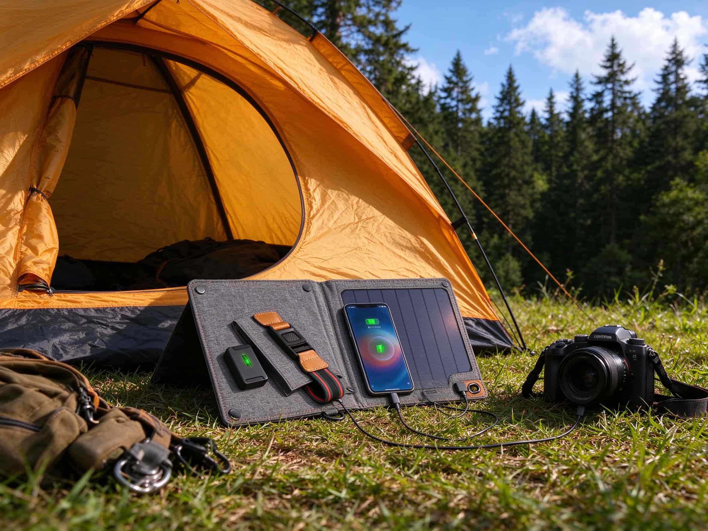 Foldable solar charger charging phone and camera at campsite