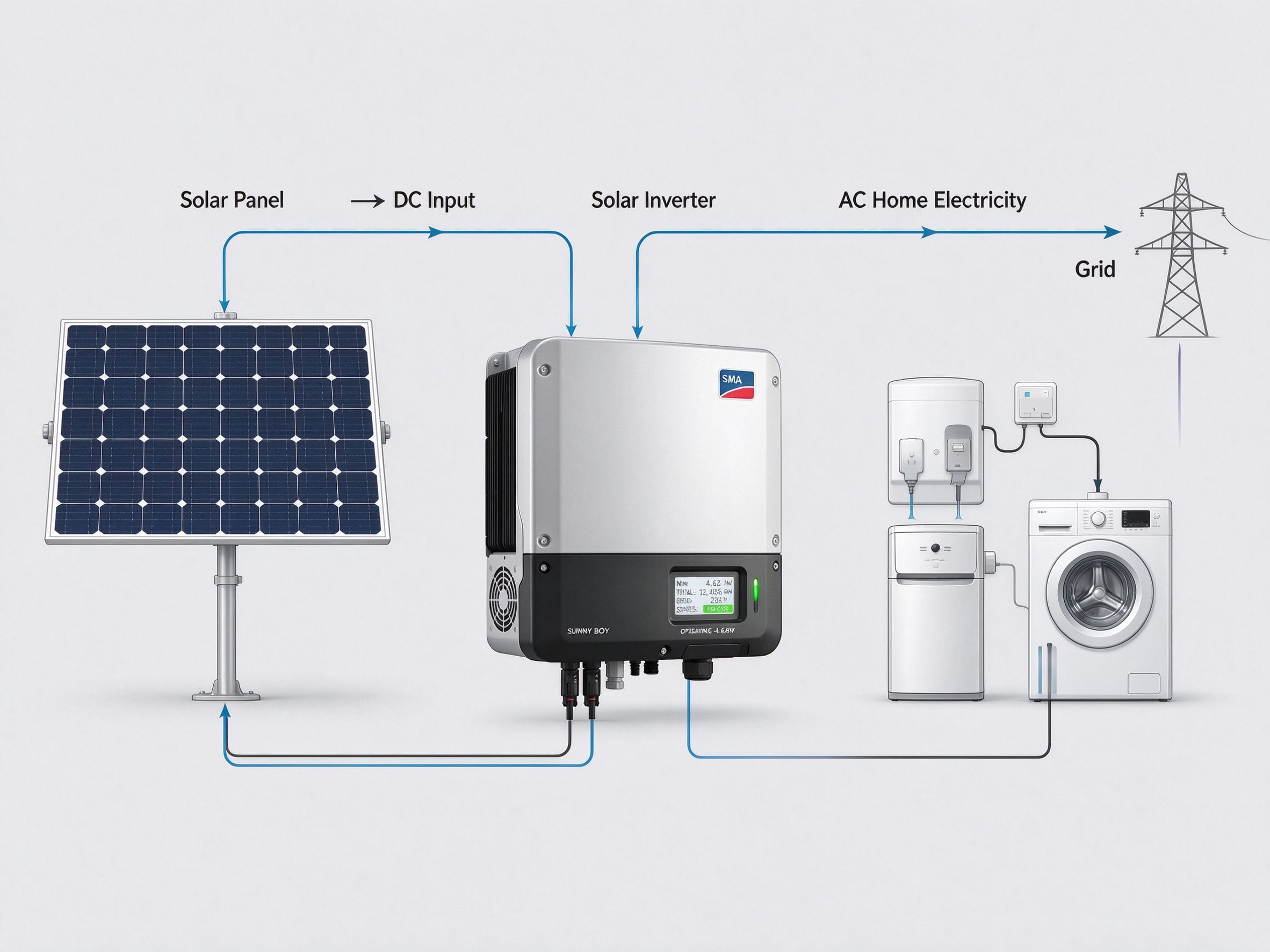 Diagram showing solar panel to inverter to home appliances and grid power flow