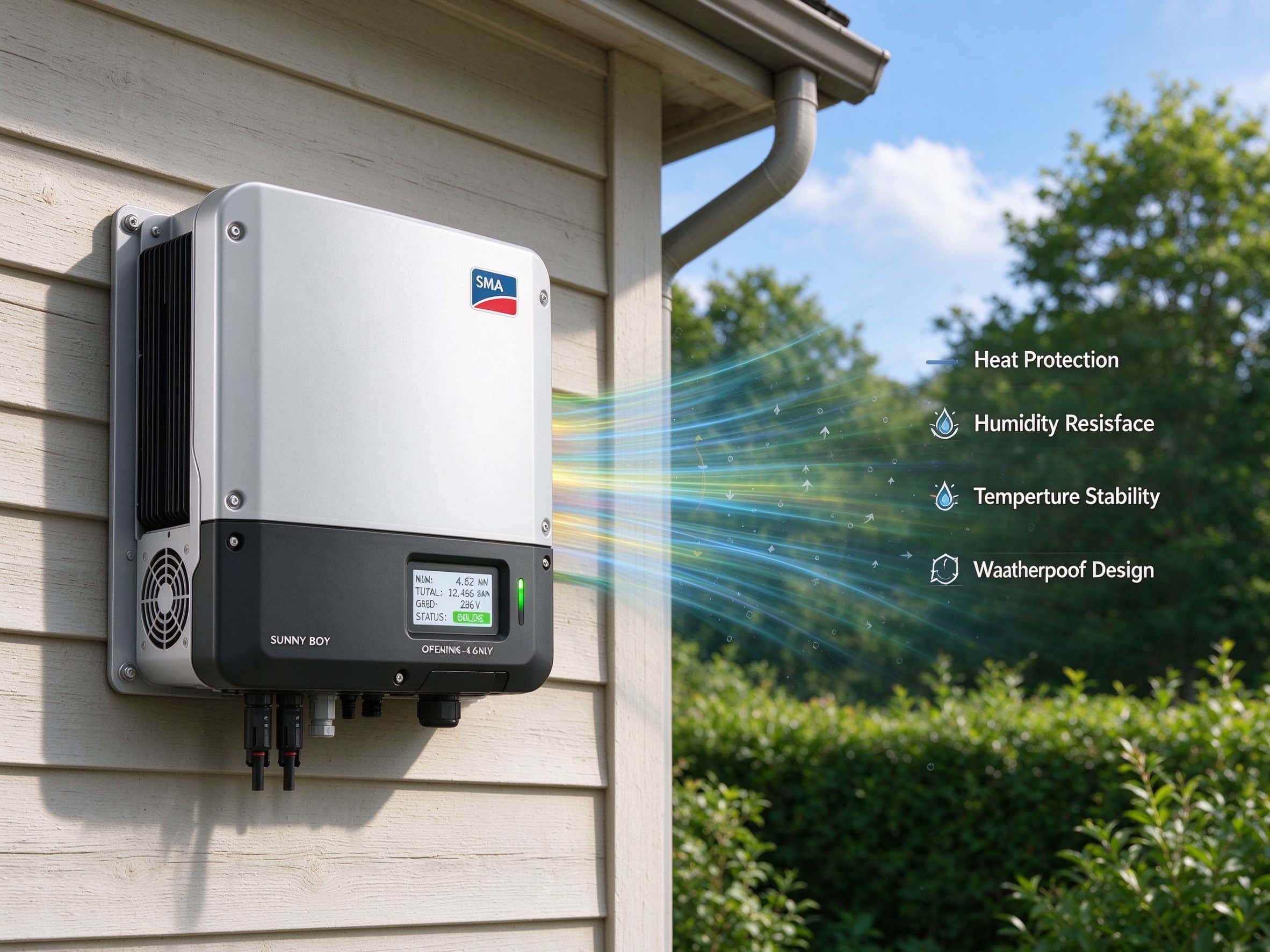 Solar inverter wall-mounted on house exterior with cooling and weather protection labels