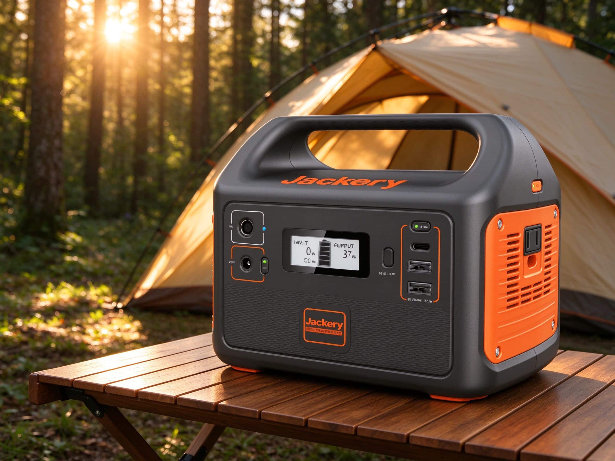 Compact portable solar power station with carry handle on camping table