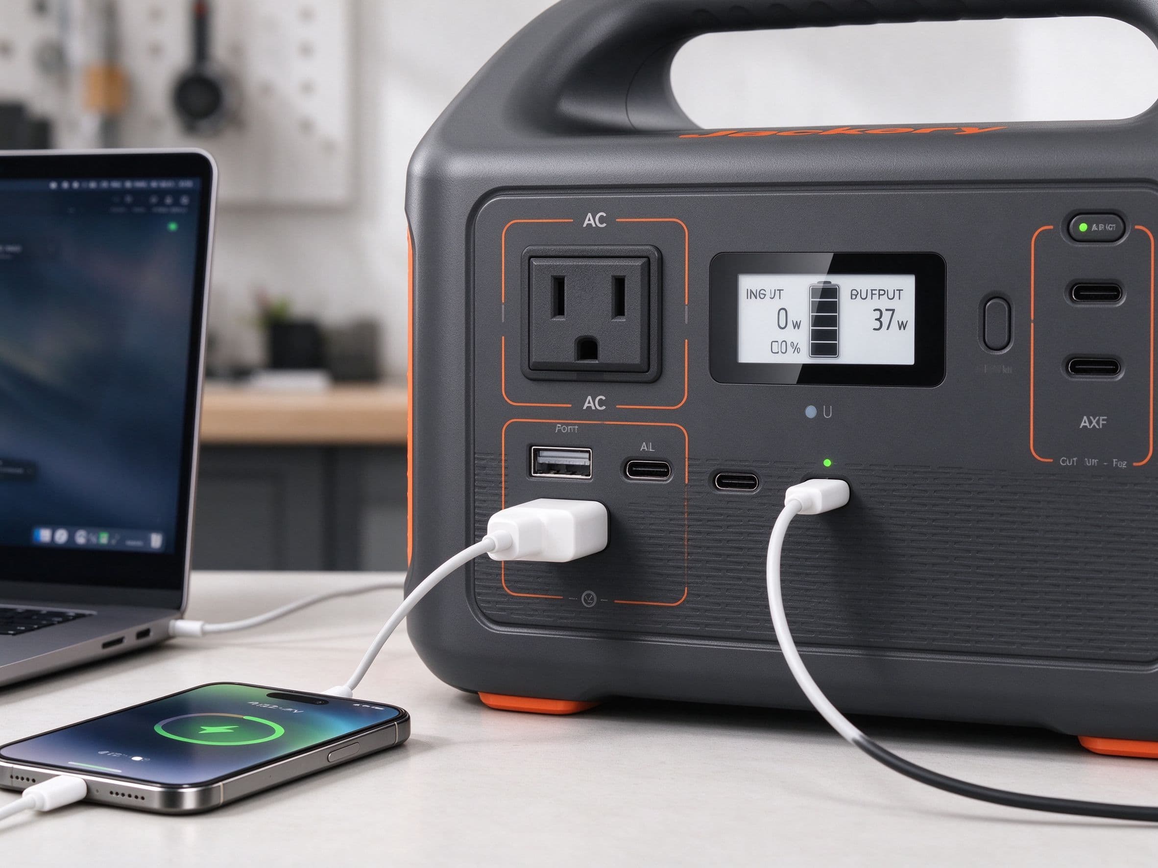 Close-up of AC outlets, USB-A, and USB-C ports with devices charging