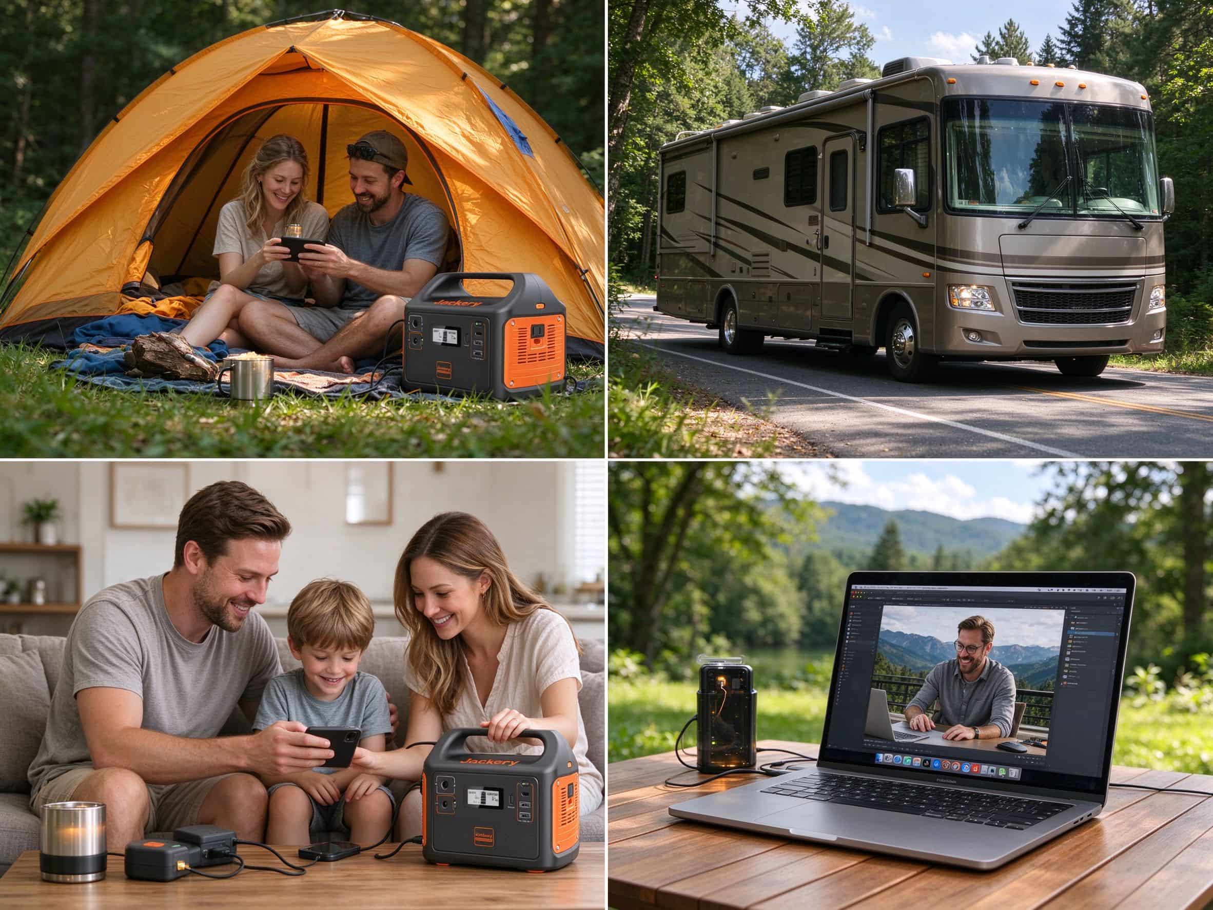 Four-panel collage showing power station used for camping, RV, home backup, and remote work