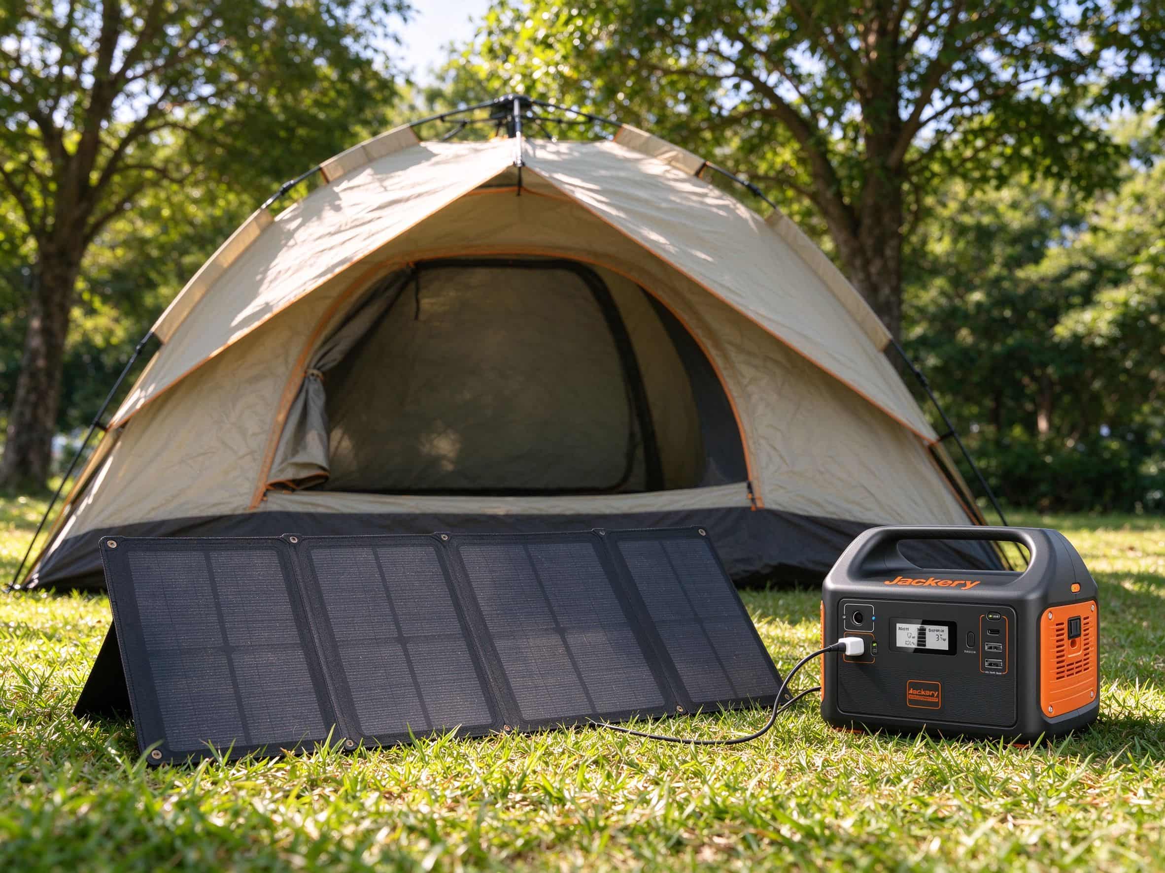 Foldable solar panel charging portable power station on grass at campsite