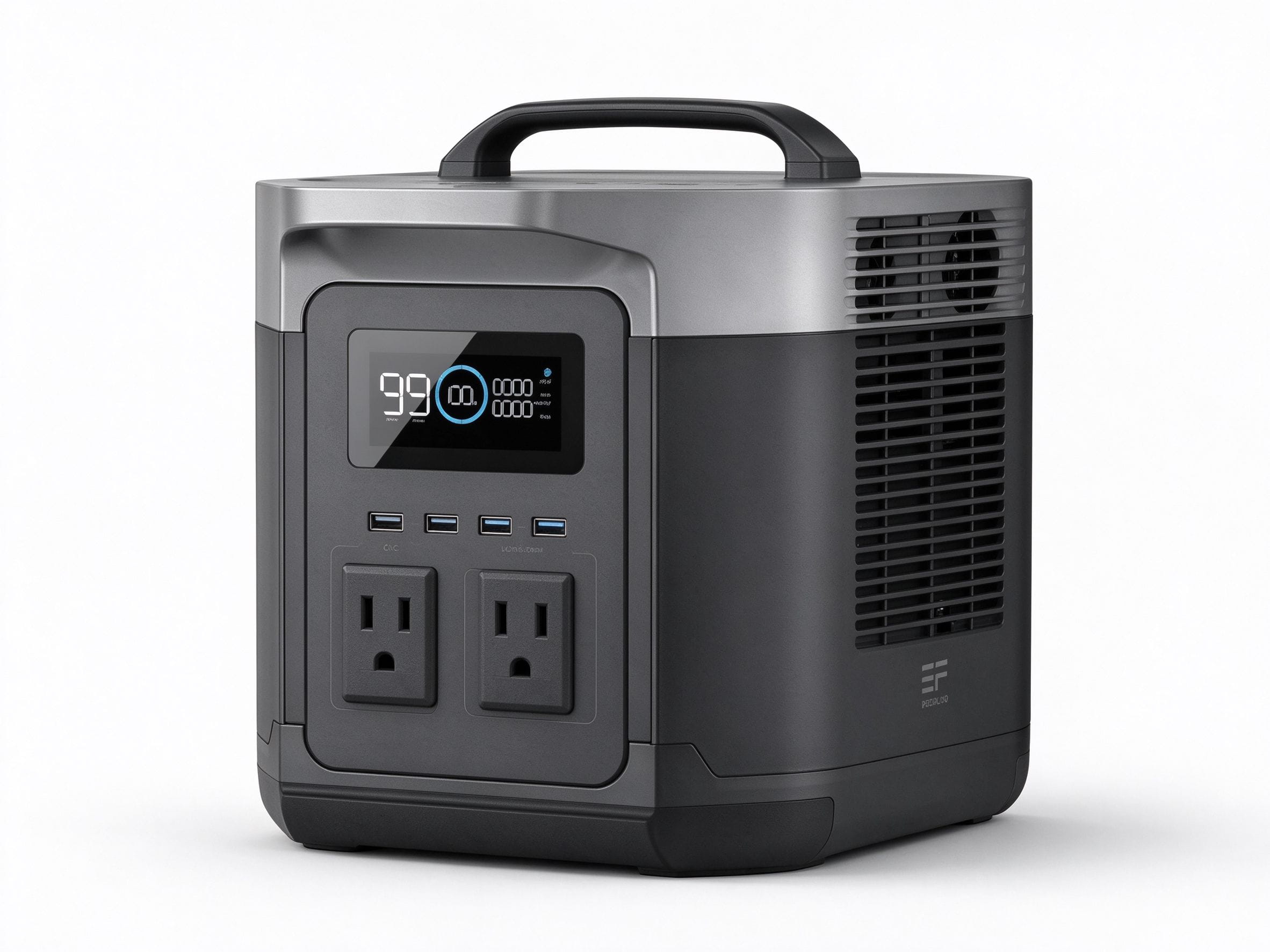  Portable solar generator with AC outlets, USB ports, and LCD display on white background