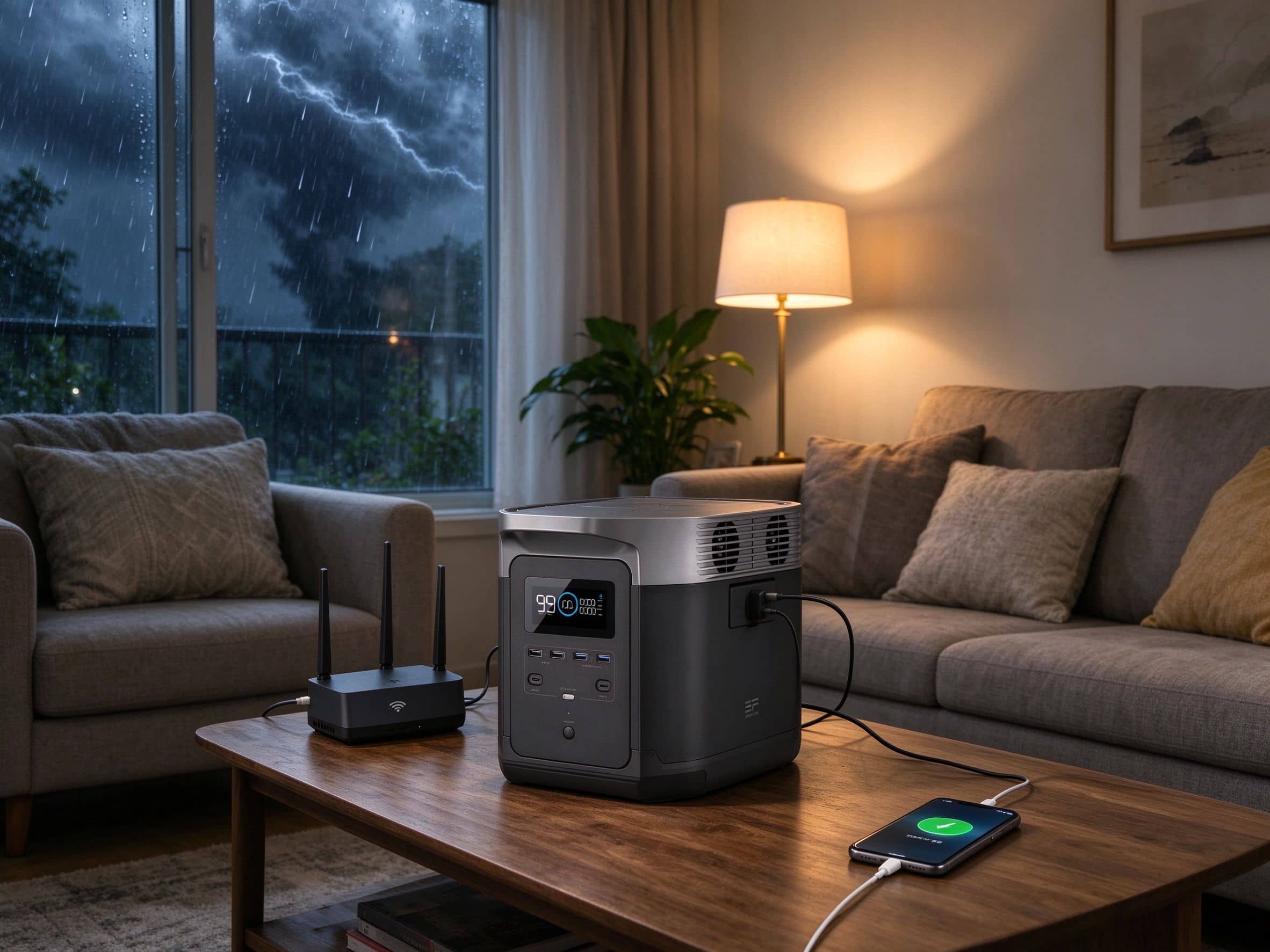  solar generator powering router, lamp, and phone during storm outage
