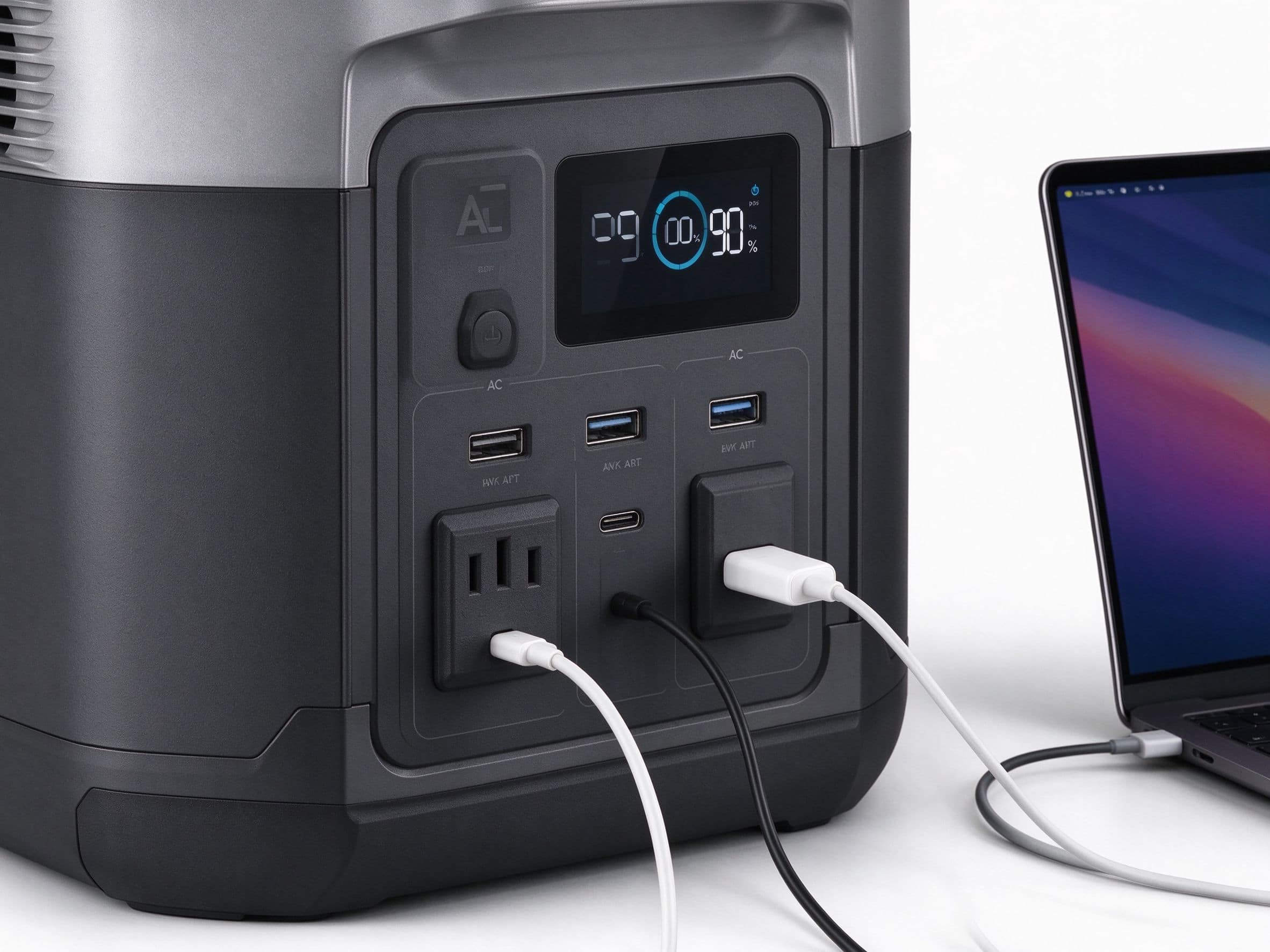 Close-up of AC outlets, USB-A, USB-C ports with phone and laptop charging