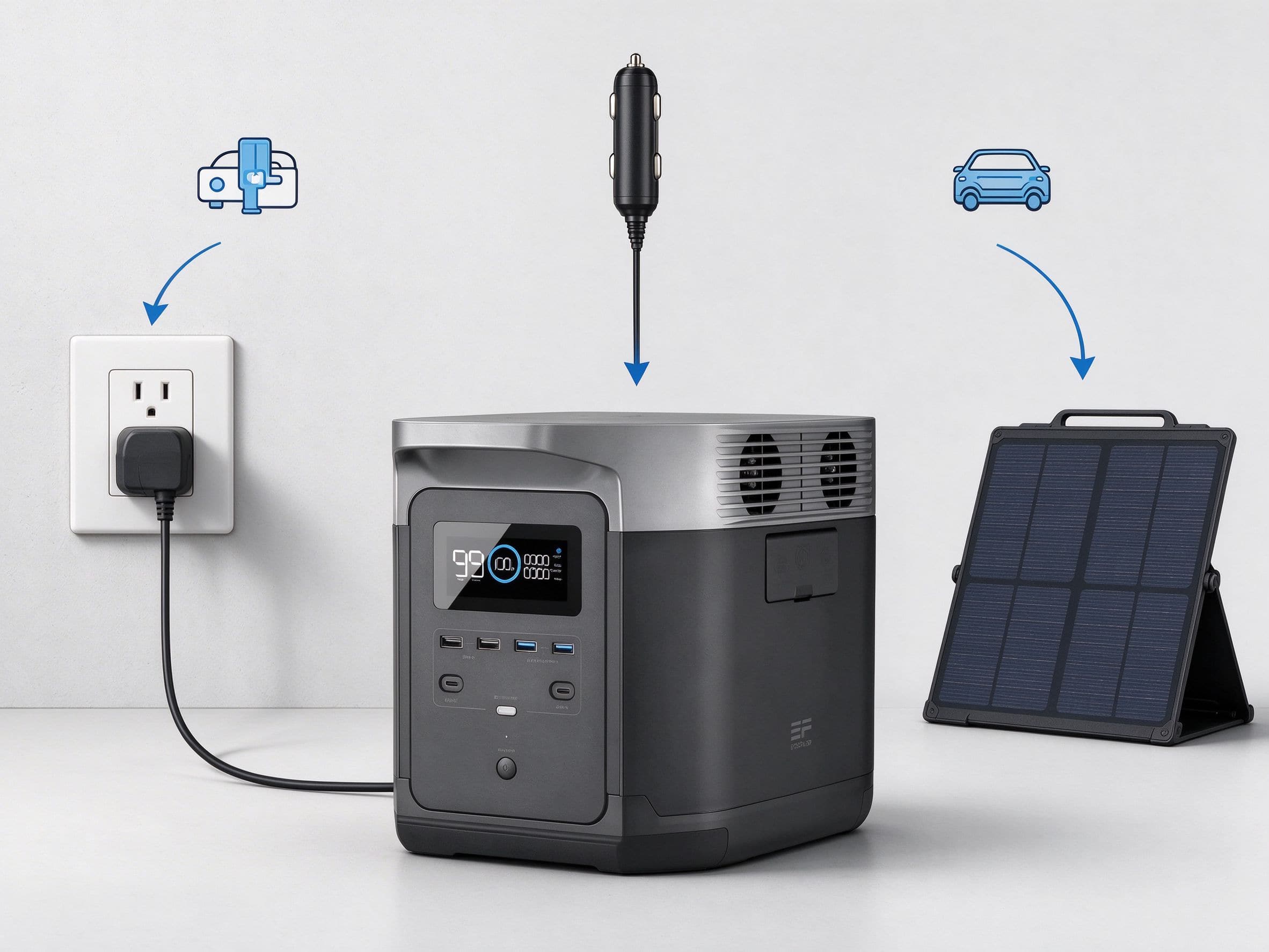 Diagram showing solar, wall outlet, and vehicle charging methods for power station