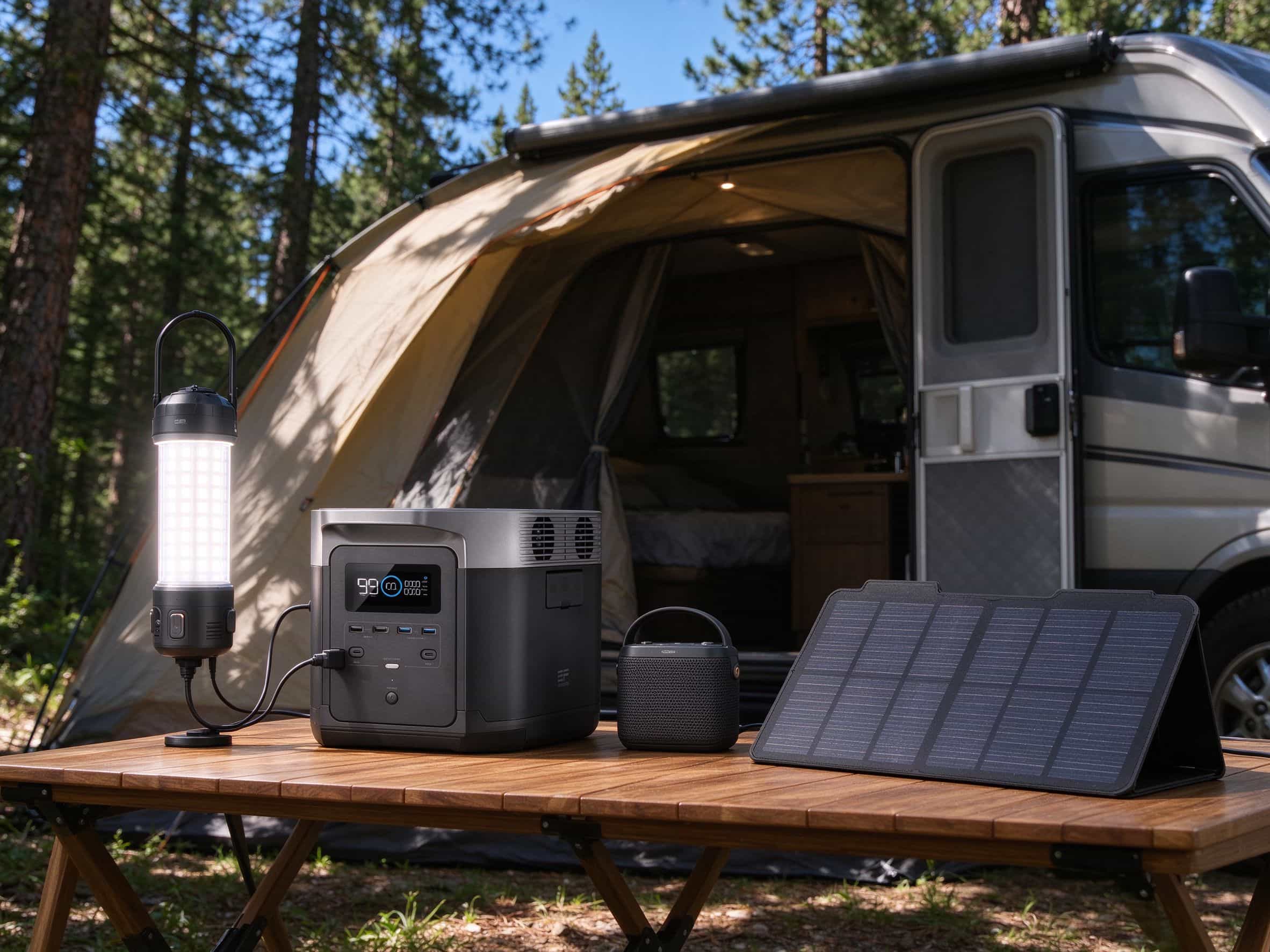 solar generator on camping table with LED light, speaker, and solar panel