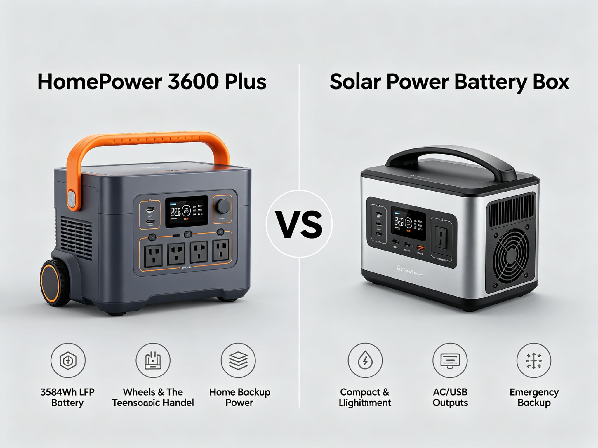 Side-by-side comparison of HomePower 3600 Plus home backup station and Solar Power Battery Box portable unit
