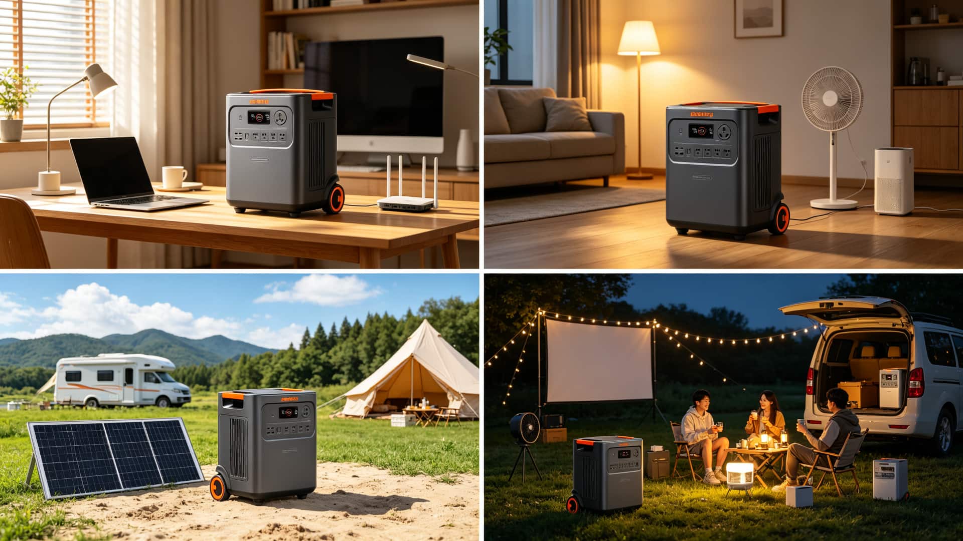 Collage of a wheeled portable power station used at home, in RV camping, and at tailgate parties