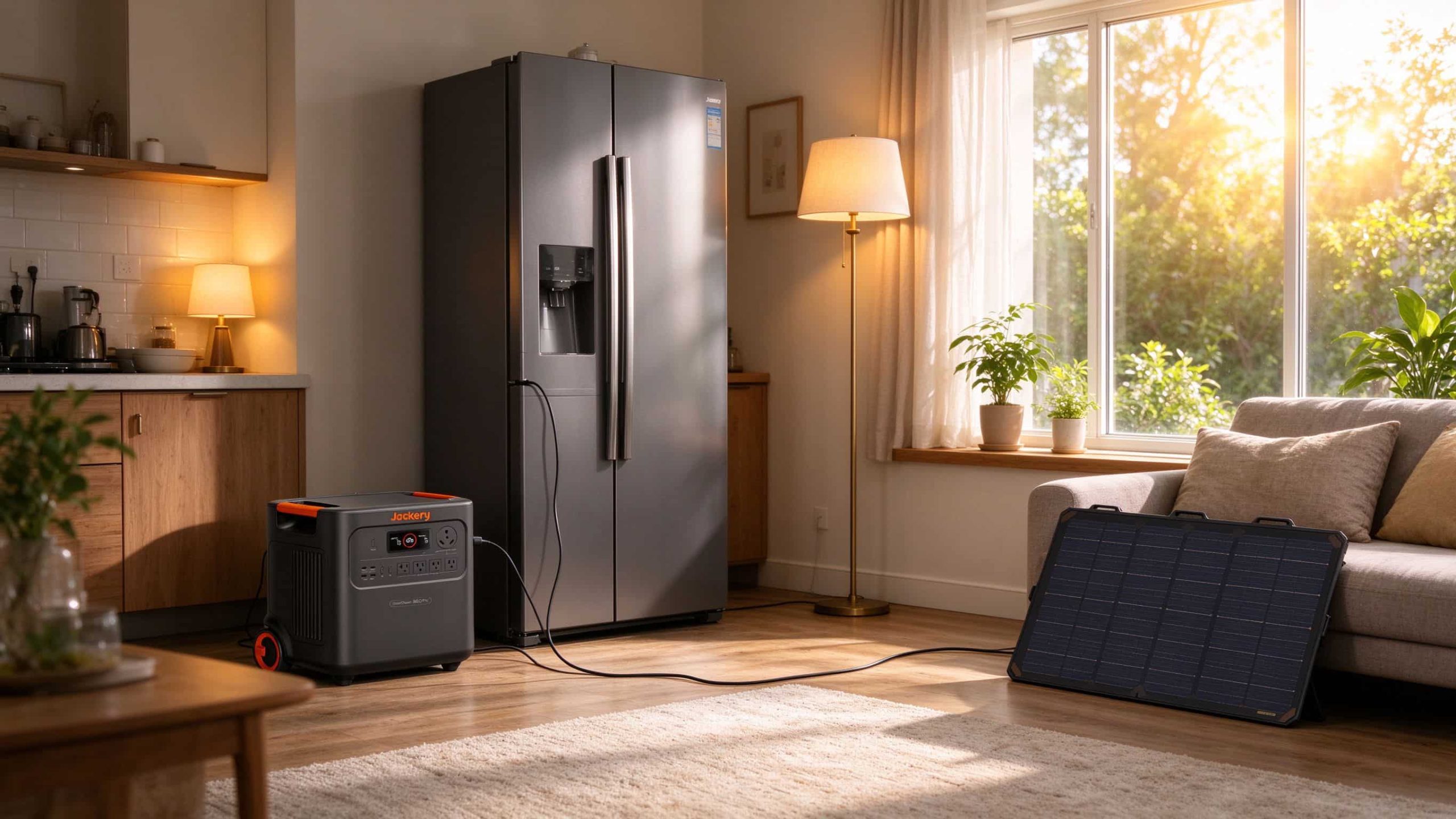 HomePower 3600 Plus powering a refrigerator and lamp during a home power outage