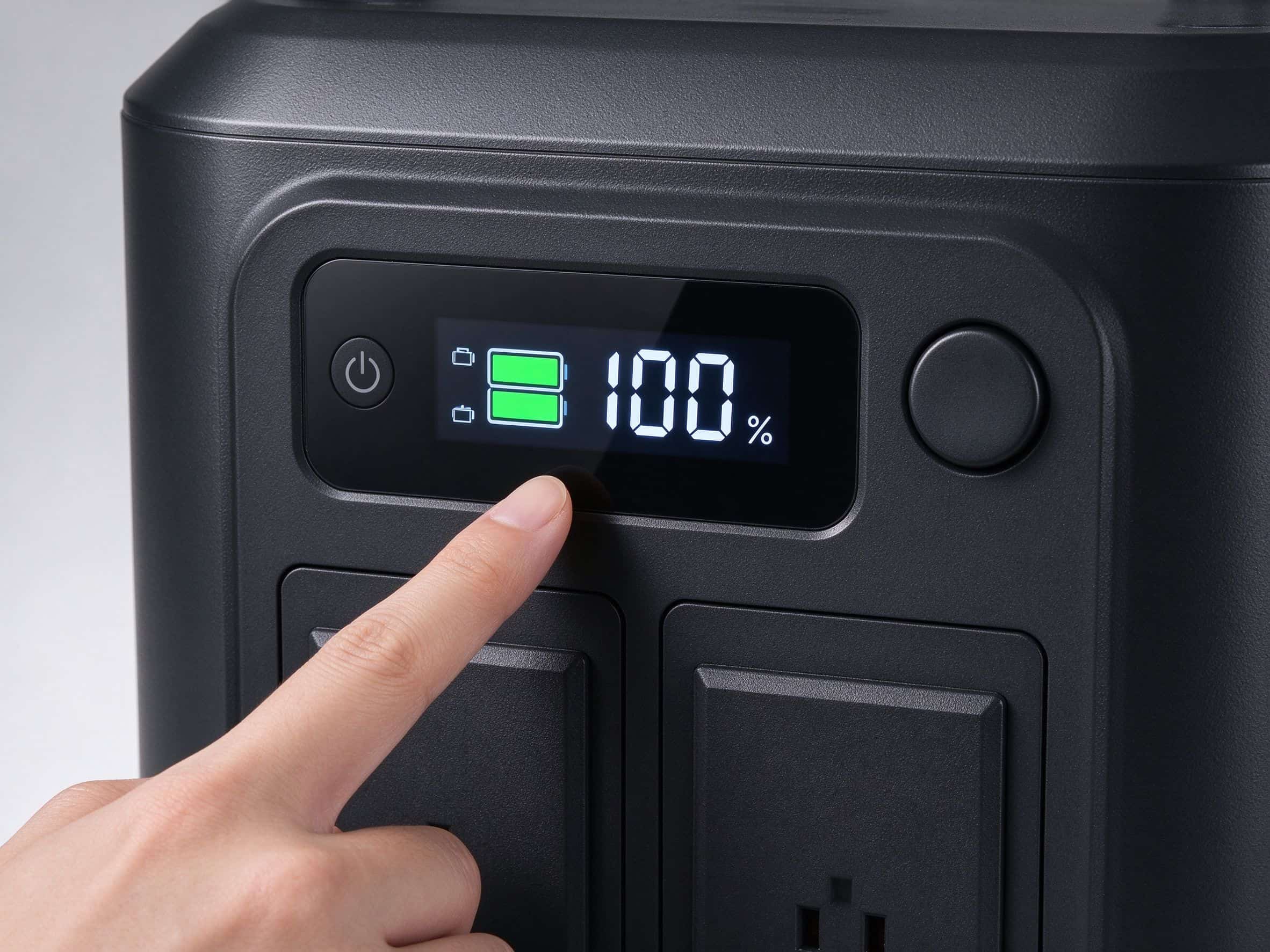  Close-up of a finger touching the LCD display on a black portable power station showing 100 percent battery