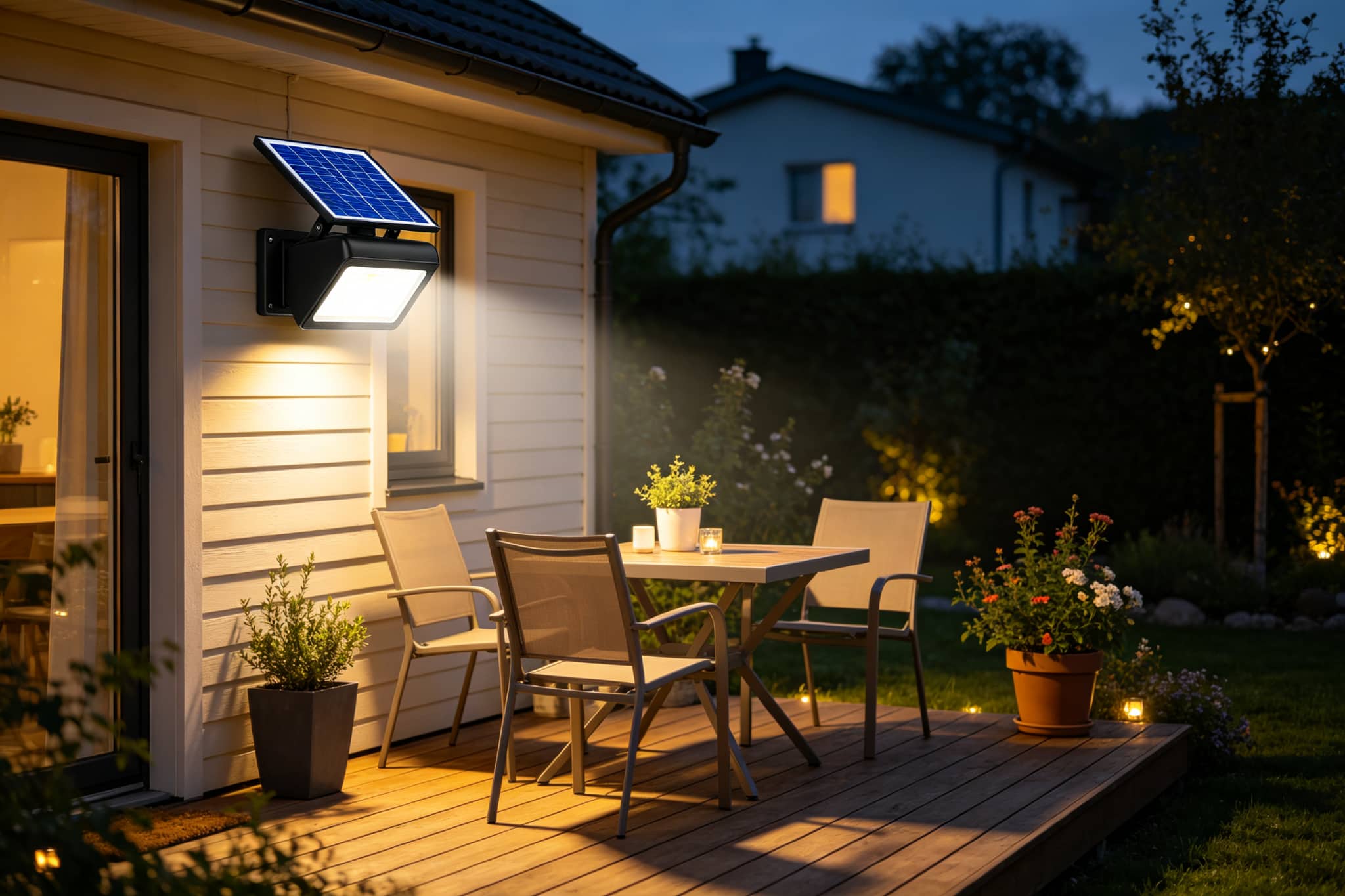 Solar lights for patio table and deck casting warm white light over outdoor seating at night