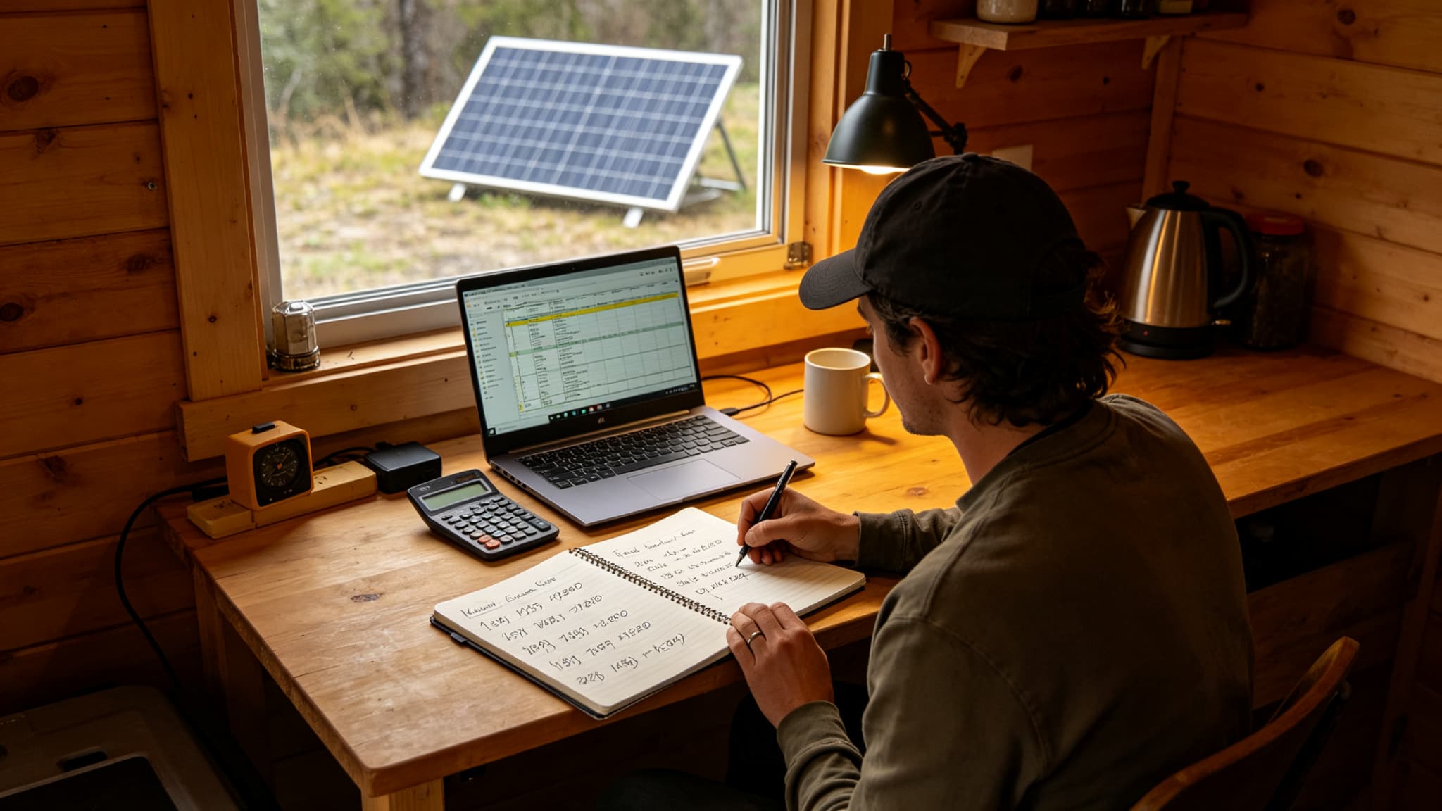 Person sitting at a wooden desk inside a small off-grid cabin calculating daily energy use, notebook with handwritten appliance list and wattage, laptop showing a spreadsheet, solar panel visible through window