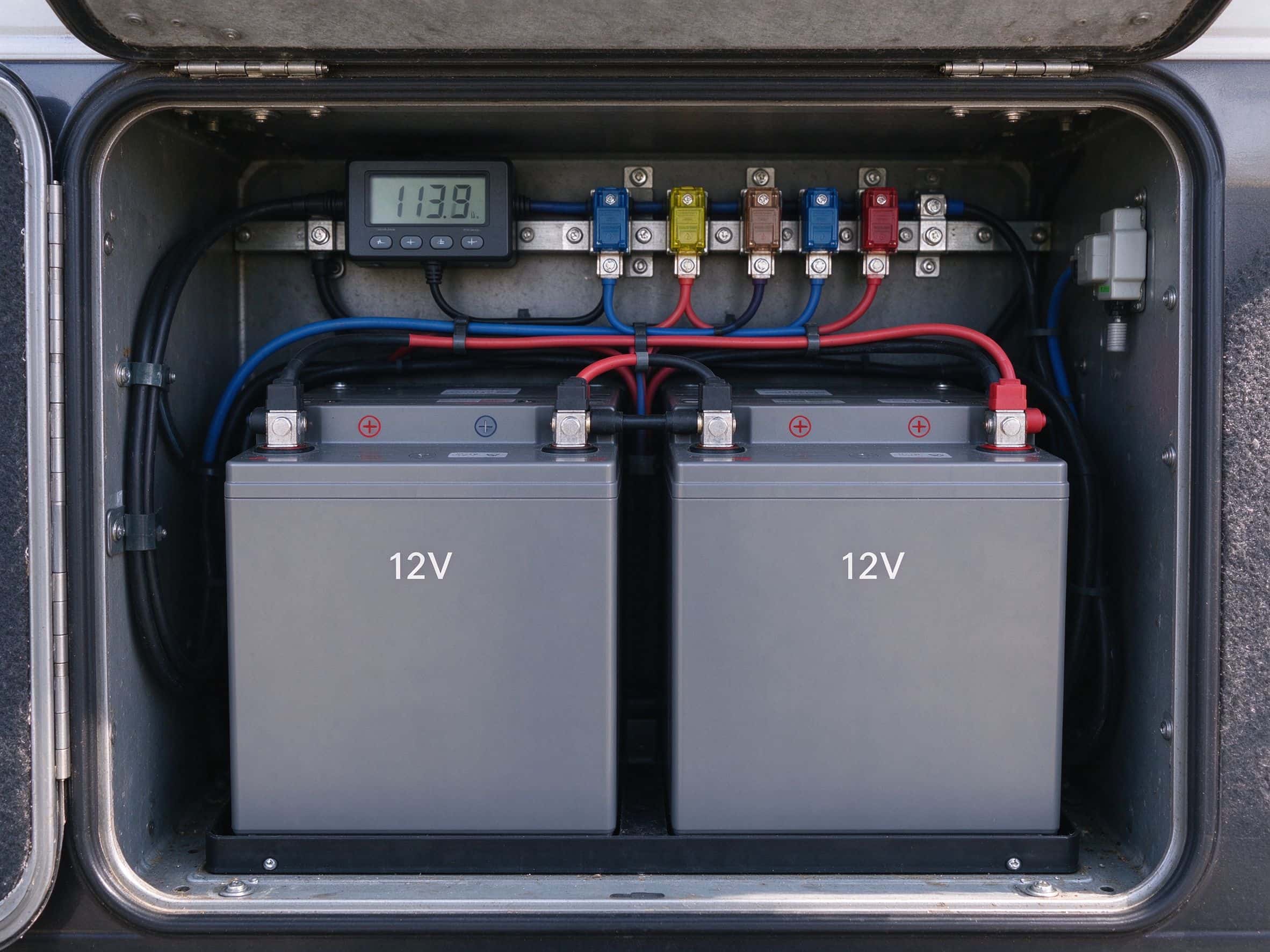 Two 12V lithium batteries wired in parallel with bus bars and fuses inside an RV battery compartment