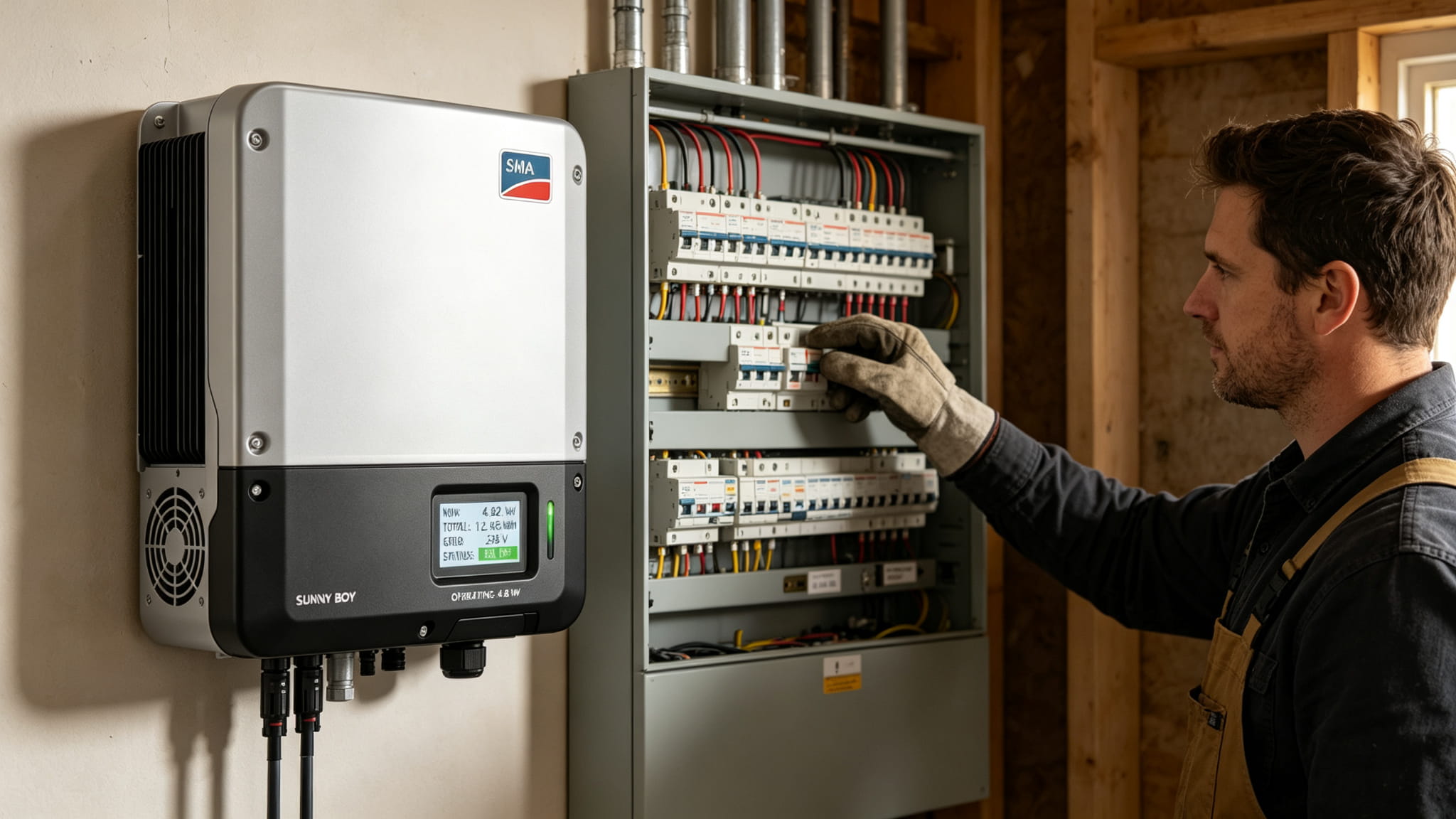 Homeowner wearing work gloves checking an AC circuit breaker panel next to a wall-mounted solar inverter, flipping a breaker switch, clean organized electrical panel with labeled breakers in a utility room