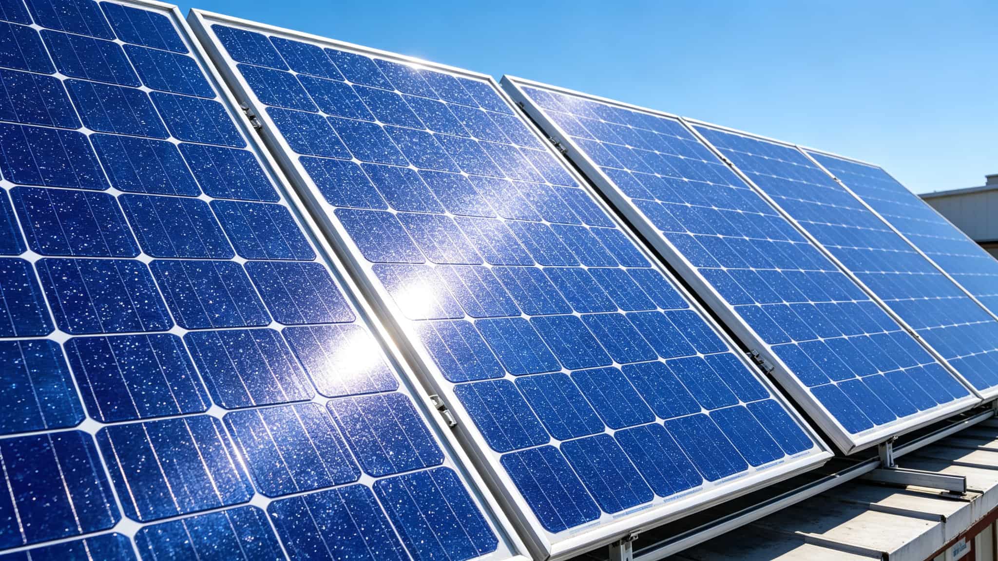 Close-up of blue polycrystalline solar panels with silver aluminum frames installed in neat rows on a commercial shop rooftop in bright sunlight
